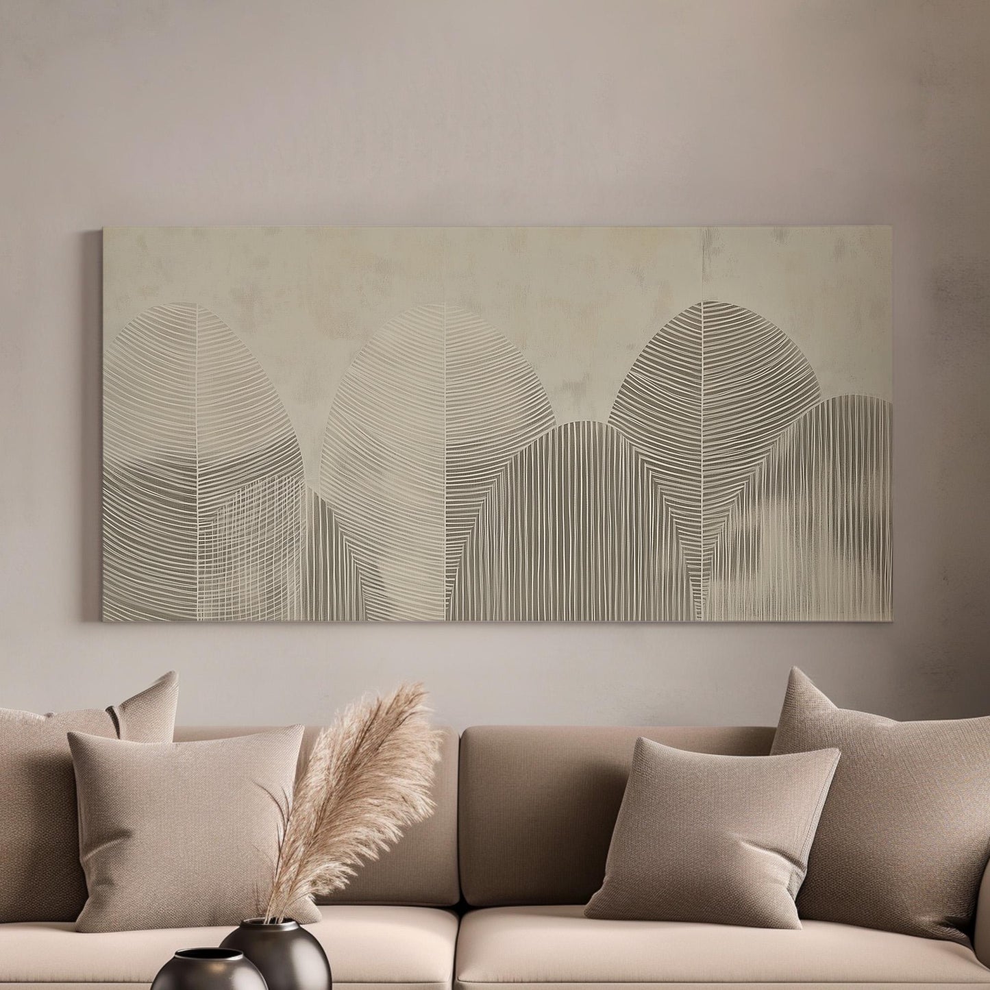 Boho Trees Wall Art Above Bed, Horizontal Scandinavian Leaves Canvas Print, Earthy Botanical Decor Canvas Art