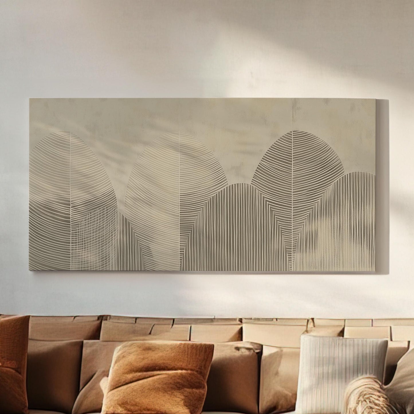 Boho Trees Wall Art Above Bed, Horizontal Scandinavian Leaves Canvas Print, Earthy Botanical Decor Canvas Art