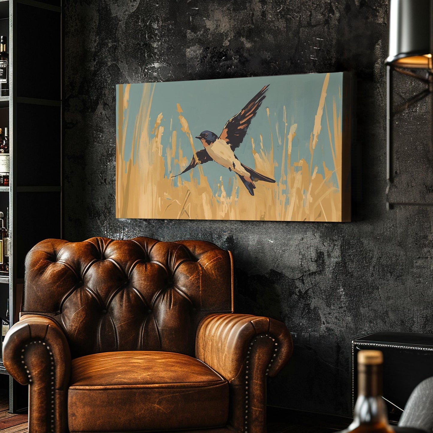 Flying Swallow Wall Art For Living Room, Horizontal Farmhouse Canvas Print, Yellow Tall Grass Decor Canvas Art