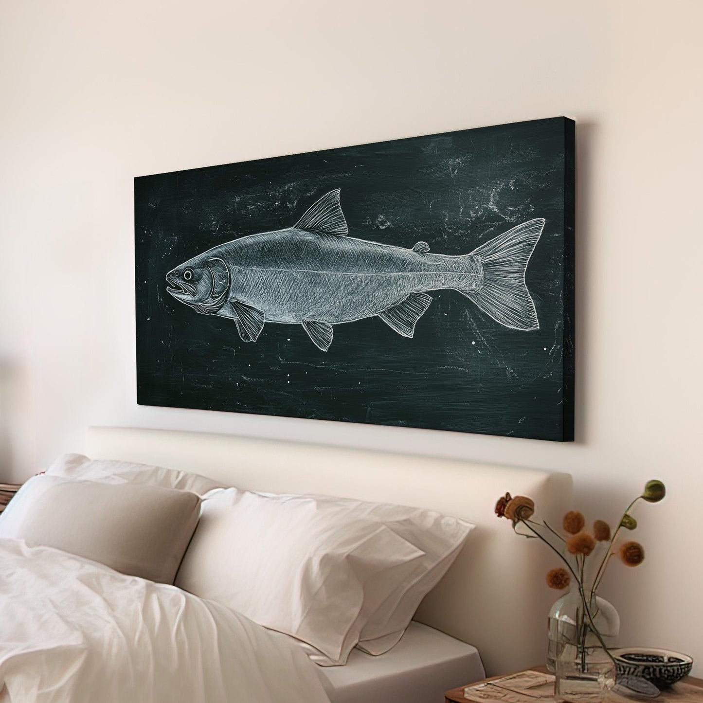 Green Salmon Line Art Wall Art For Living Room, Horizontal Fishing Shack Canvas Print, Lake House Decor Canvas Art