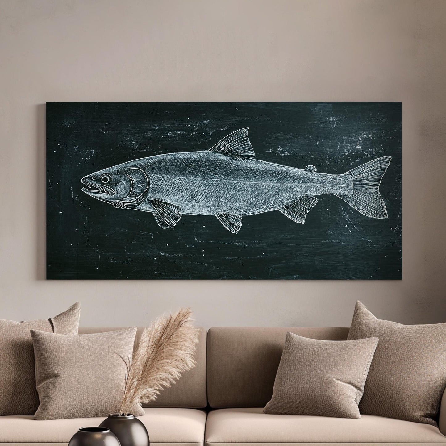Green Salmon Line Art Wall Art For Living Room, Horizontal Fishing Shack Canvas Print, Lake House Decor Canvas Art