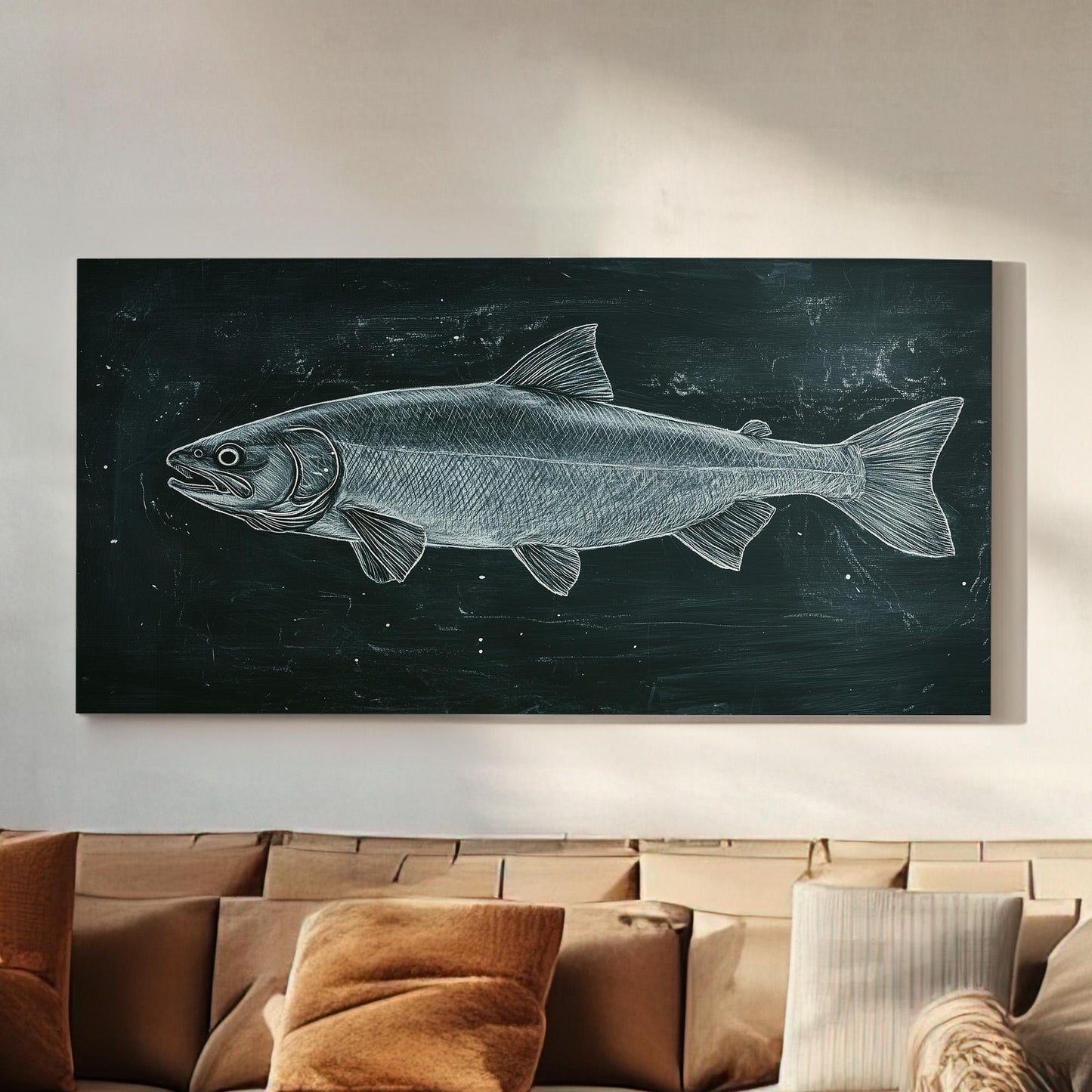 Green Salmon Line Art Wall Art For Living Room, Horizontal Fishing Shack Canvas Print, Lake House Decor Canvas Art