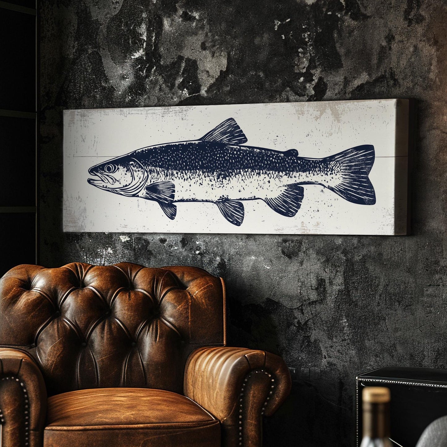 Navy Trout Panoramic Art For Living Guestroom, Canvas Fishing Shack Wall Art Print, Lake House Decor Canvas Art