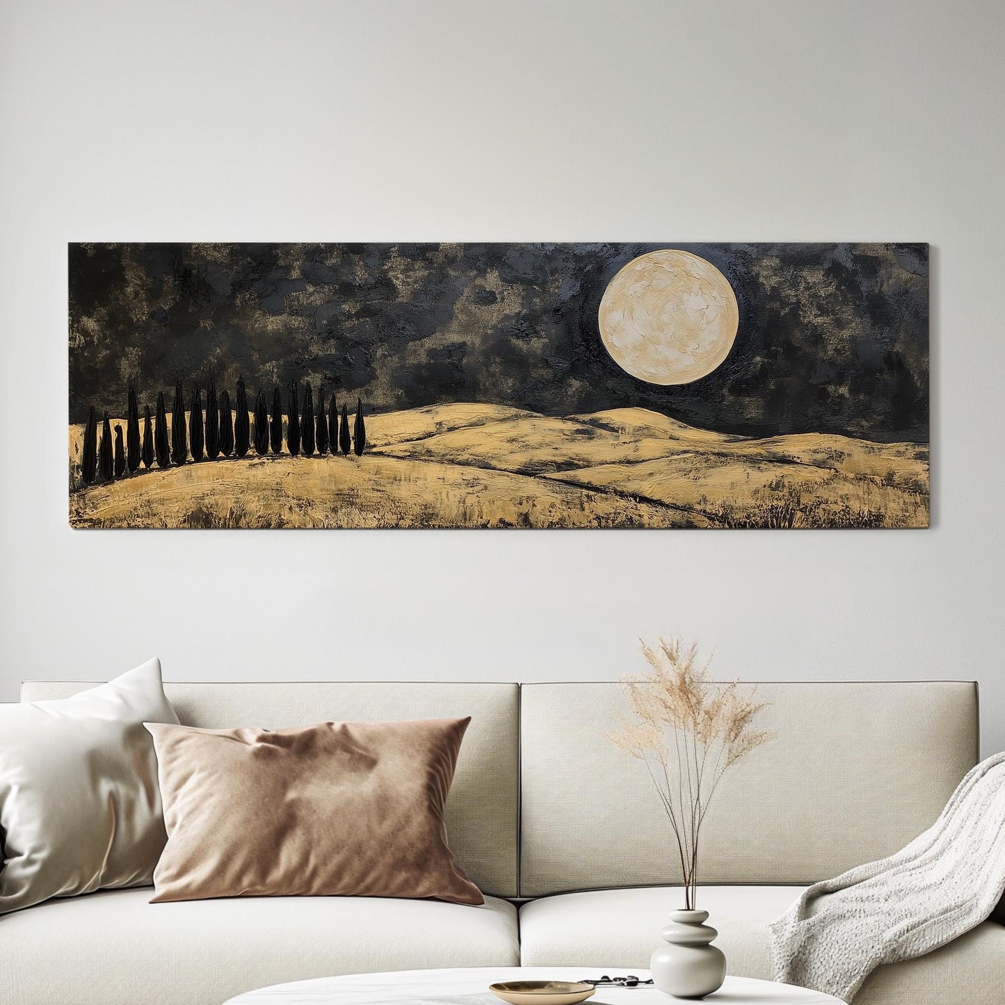 Gold Tuscany Fields Panoramic Art Above Bed, Canvas Mediterranean Wall Art Print, Black and Gold Decor Canvas Art