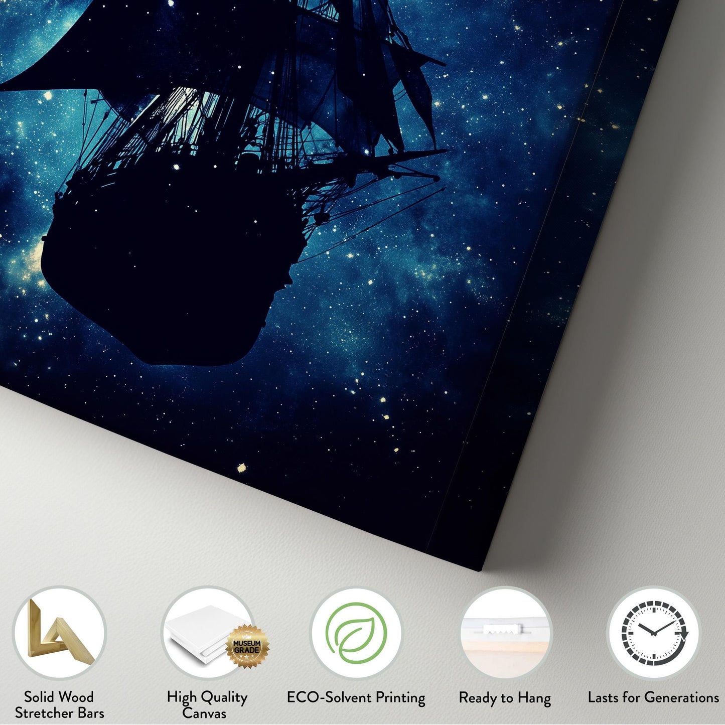 Flying Abstract Pirate Ship Wall Art Starry Night, Vertical Nautical Vibes Canvas Print, Adventurous Calm Decor Canvas Art