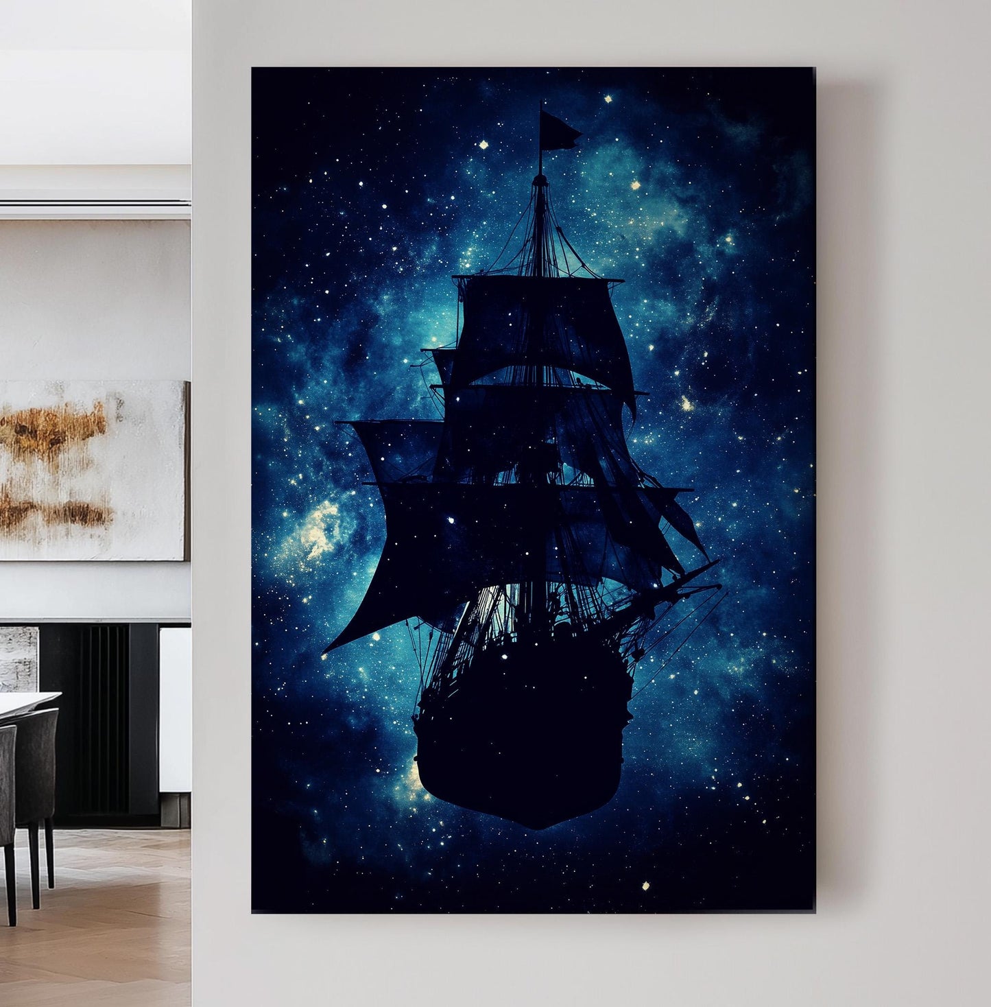 Flying Abstract Pirate Ship Wall Art Starry Night, Vertical Nautical Vibes Canvas Print, Adventurous Calm Decor Canvas Art
