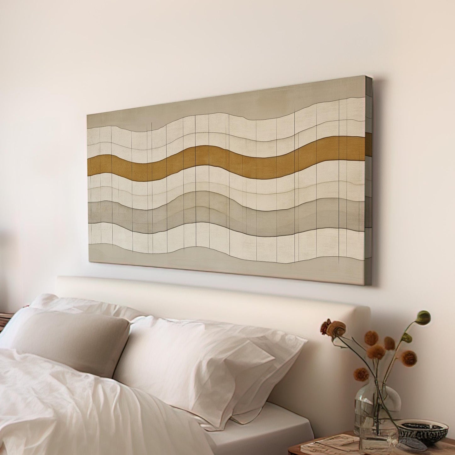 Desert Currents Wall Art Above Bed, Horizontal Layered Landscape Canvas Print, Scandinavian Mood Decor Canvas Art