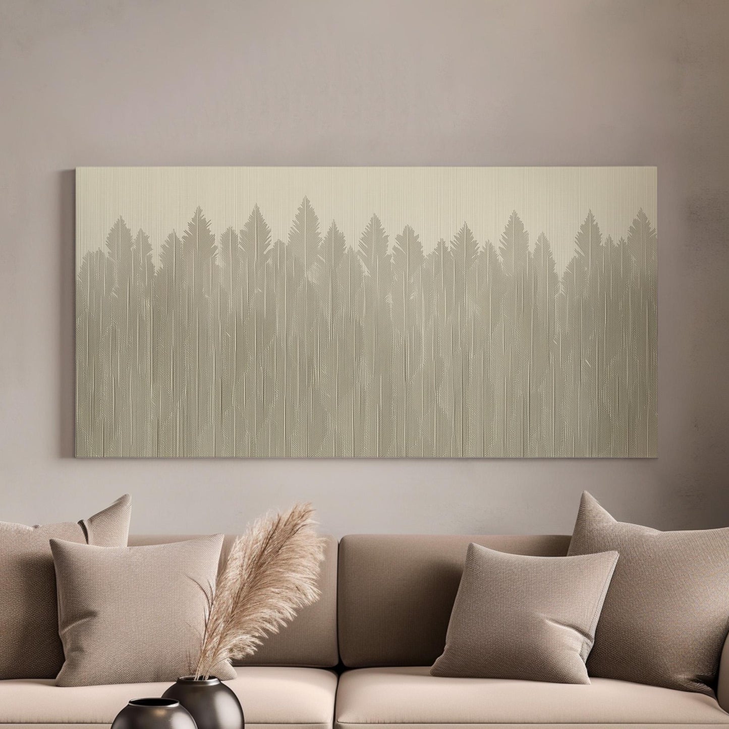 Whispering Pines Wall Art Above Couch, Horizontal Abstract Woodland Canvas Print, Contemporary Decor Canvas Art