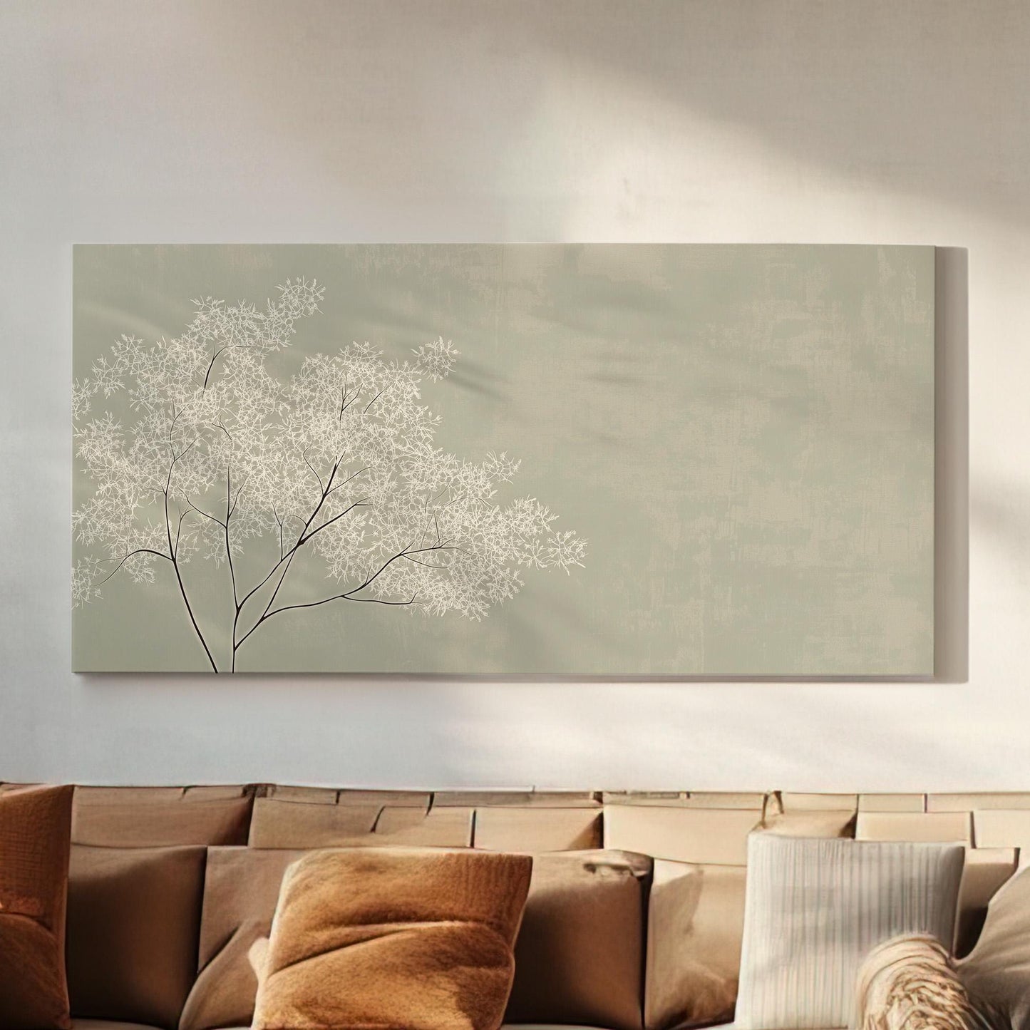Whispering Blossoms Wall Art For Living Room, Horizontal Monochrome Nature Canvas Print, Scandinavian Decor Canvas Art