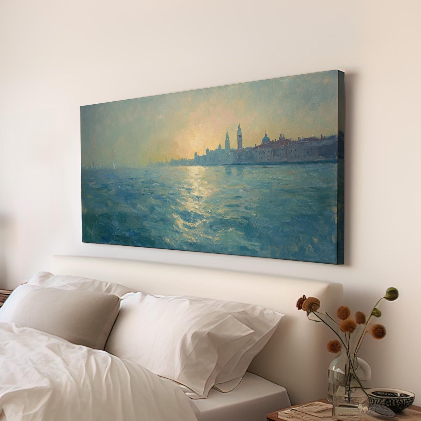 Venice Blue Seascape Wall Art For Living Room, Horizontal Clear Sky Canvas Print, Mediterranean Decor Canvas Art