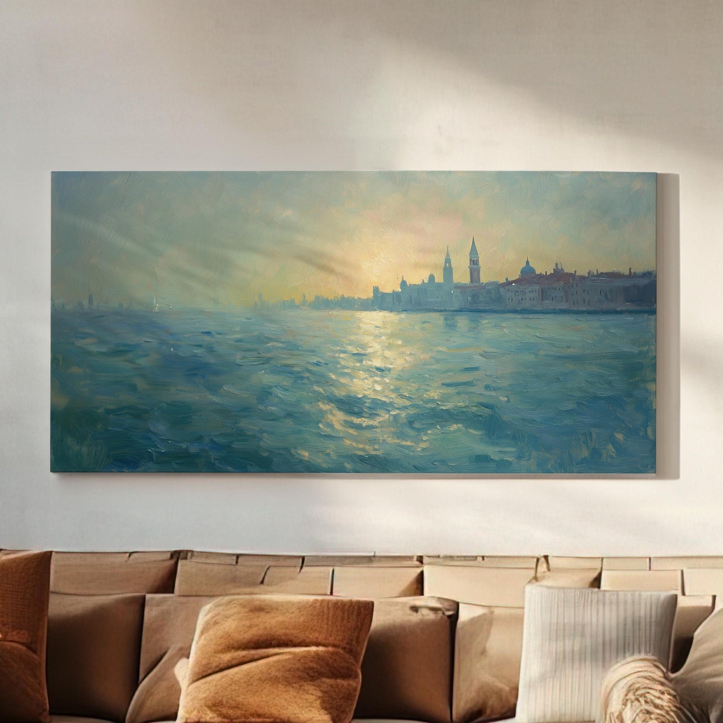 Venice Blue Seascape Wall Art For Living Room, Horizontal Clear Sky Canvas Print, Mediterranean Decor Canvas Art