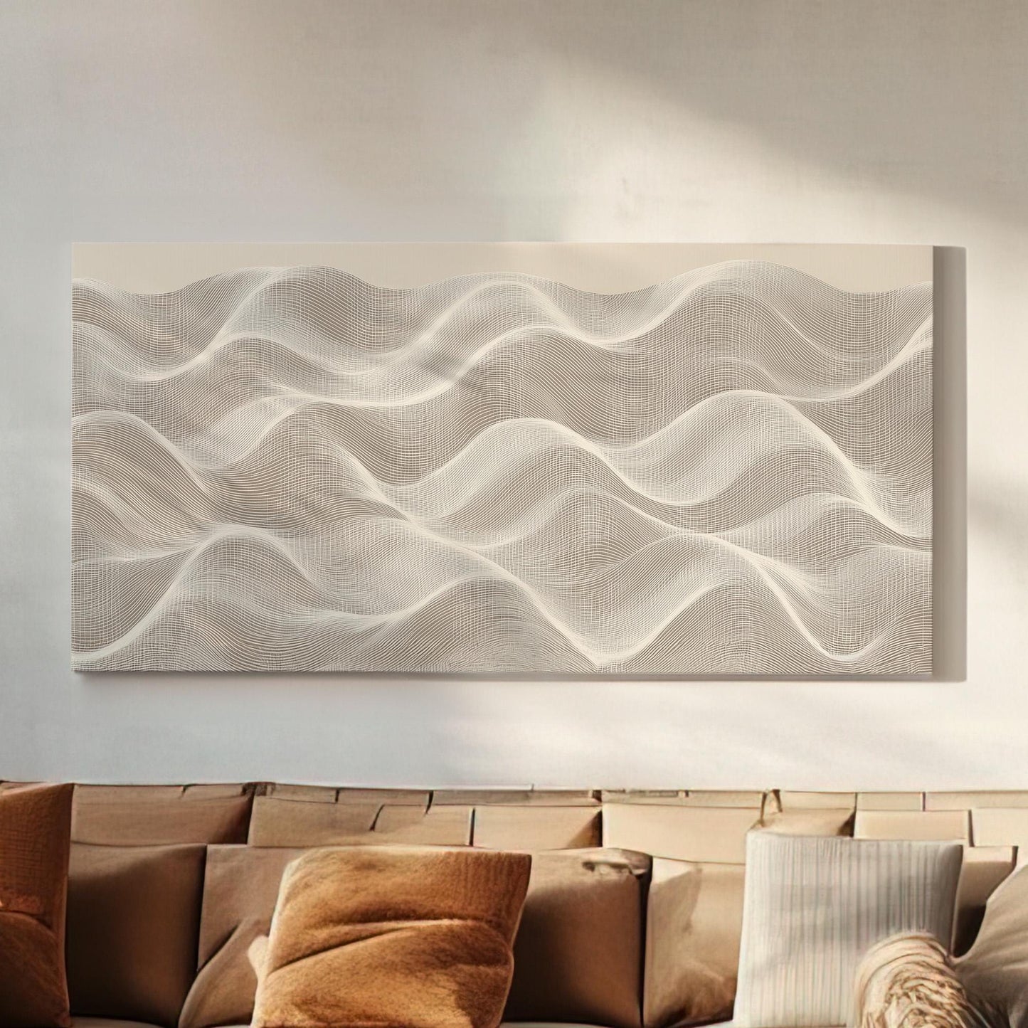 Veil of Waves Wall Art Above Couch, Horizontal Beige and White Canvas Print, Earthy Tones Decor Canvas Art