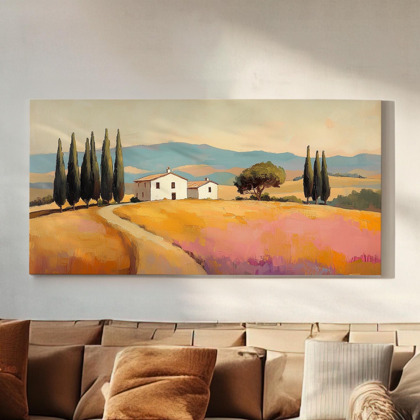 Tuscan Farmhouse Wall Art For Living Room, Horizontal Mediterranean Canvas Print, Tuscany Fields Decor Canvas Art