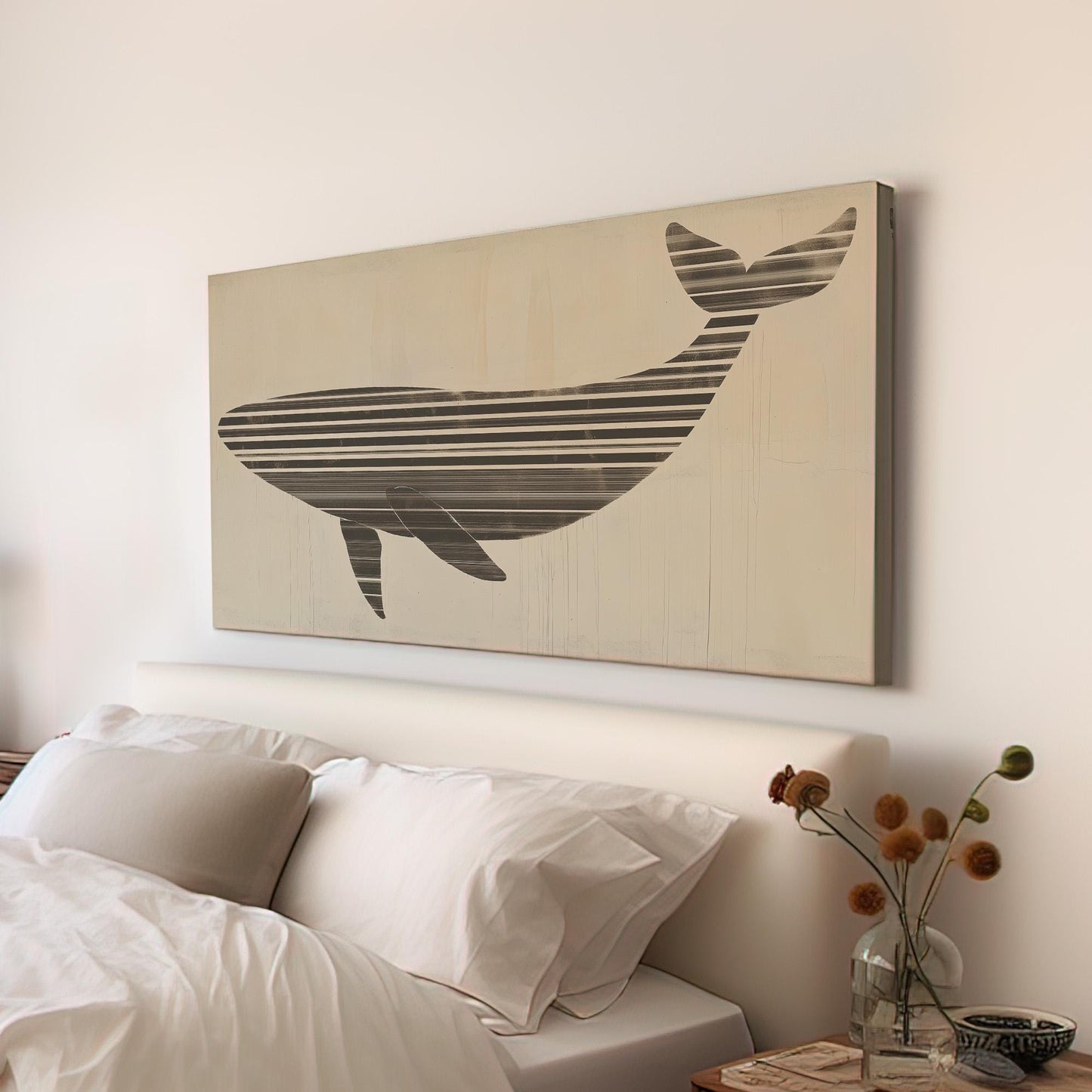 Striped Ocean Giant Wall Art Above Couch, Horizontal Nautical Flow Canvas Print, Marine Life Decor Canvas Art