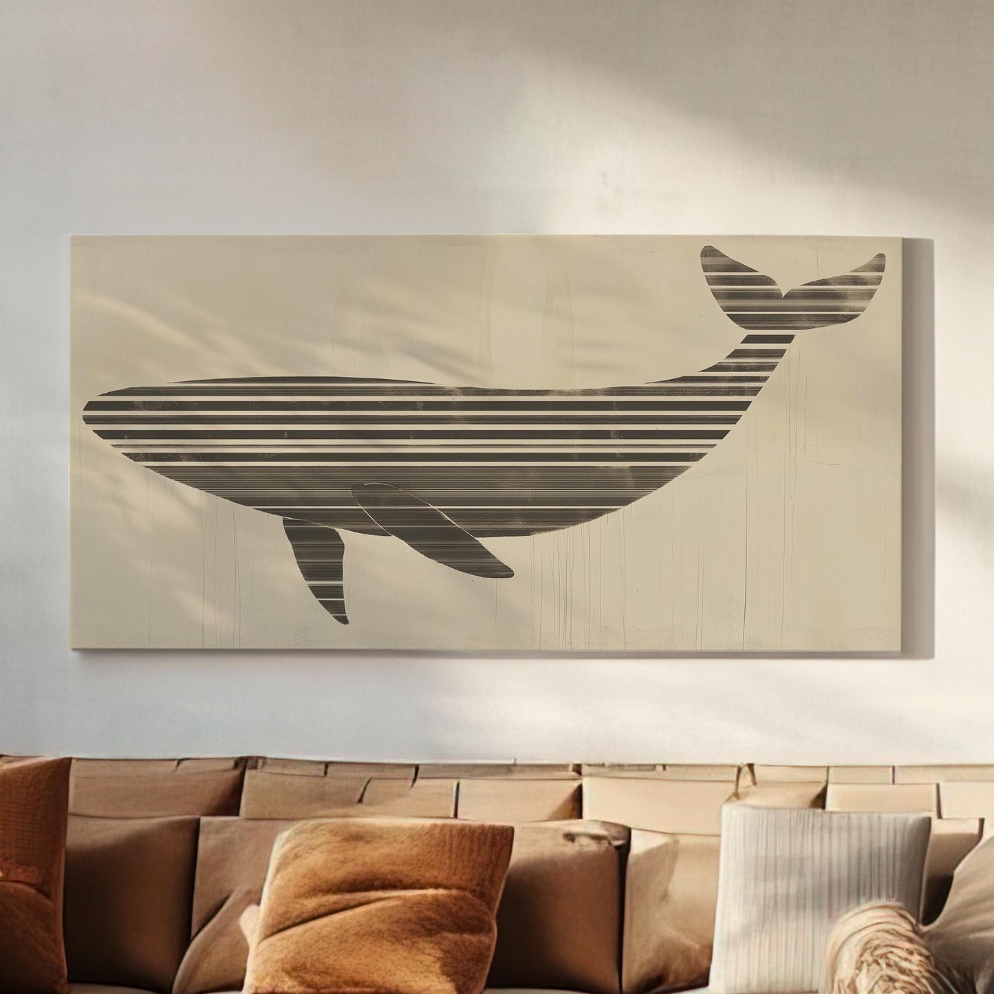 Striped Ocean Giant Wall Art Above Couch, Horizontal Nautical Flow Canvas Print, Marine Life Decor Canvas Art
