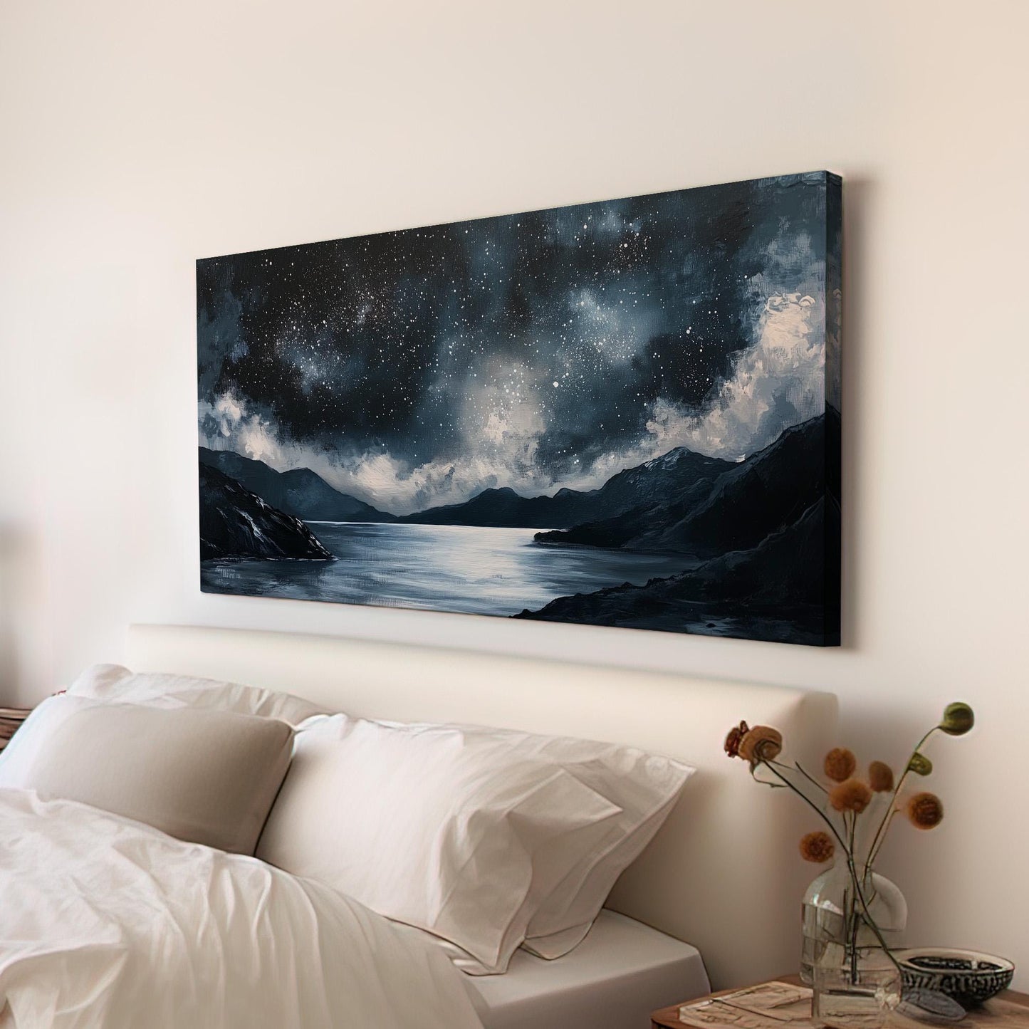 Starry Night Amalfi Coast Wall Art Above Bed, Horizontal Clear Sky Canvas Print, Mediterranean Decor Canvas Art