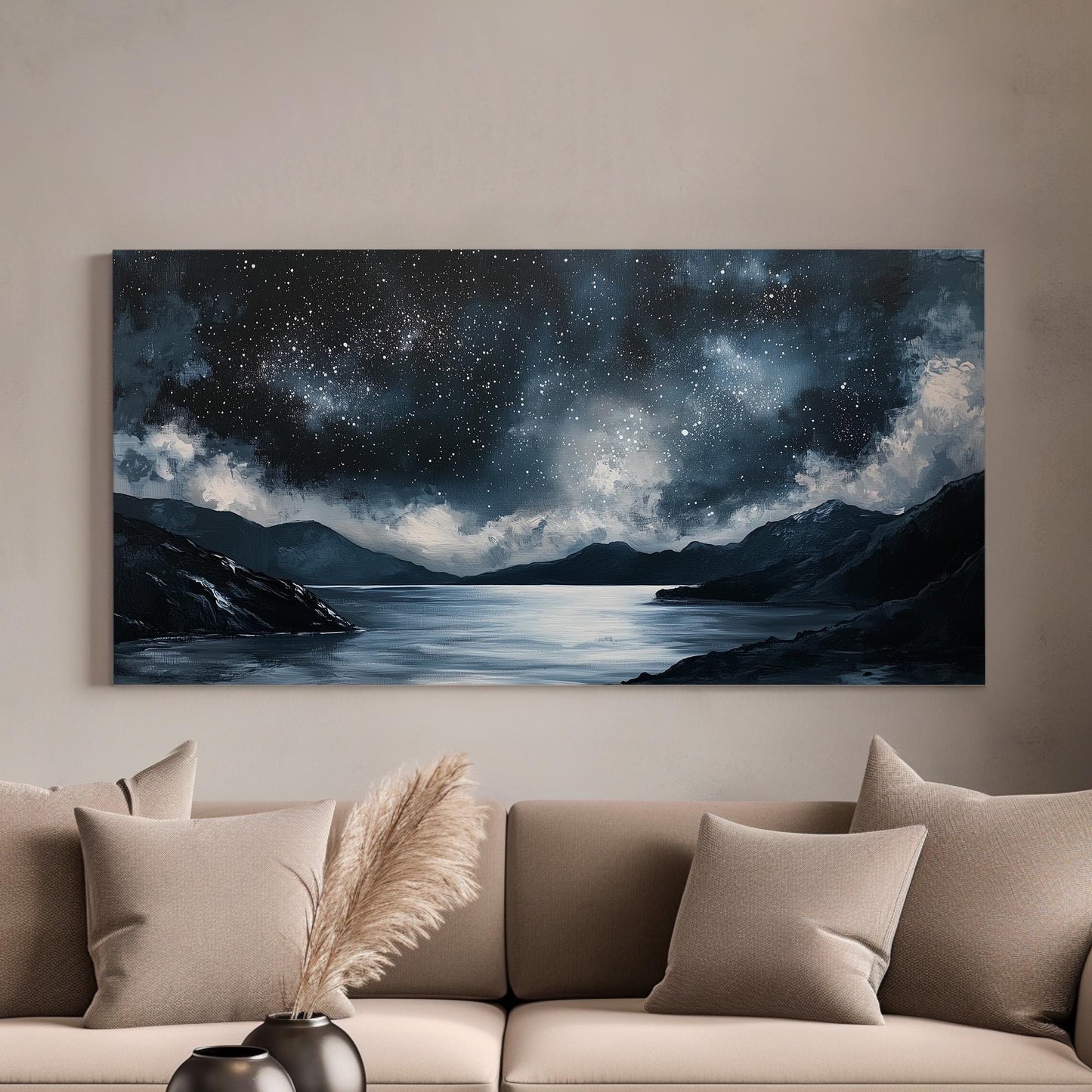 Starry Night Amalfi Coast Wall Art Above Bed, Horizontal Clear Sky Canvas Print, Mediterranean Decor Canvas Art