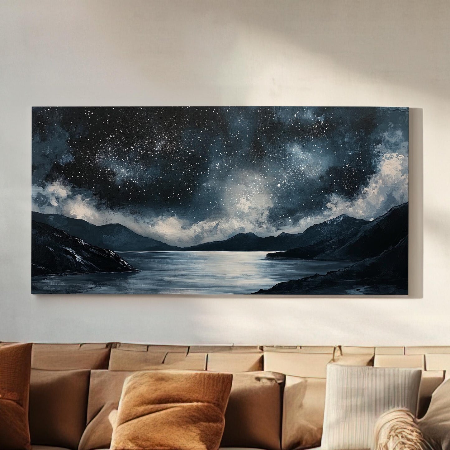 Starry Night Amalfi Coast Wall Art Above Bed, Horizontal Clear Sky Canvas Print, Mediterranean Decor Canvas Art