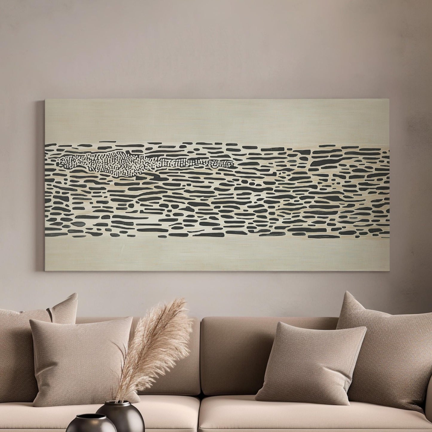 Silent Predator Wall Art For Living Room, Horizontal Abstract Crocodile Canvas Print, Neutral Safari Decor Canvas Art