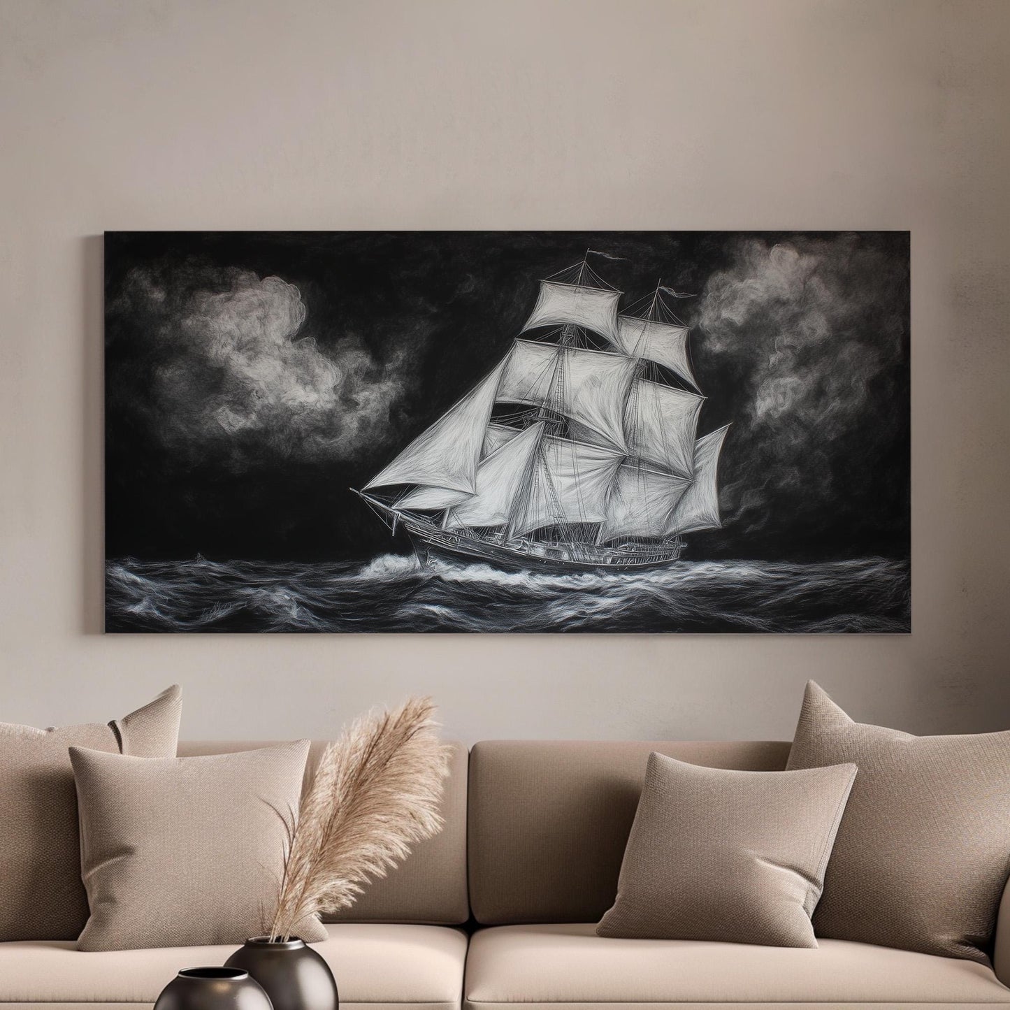 Pirate Ship Drawing Wall Art Wild Seas, Horizontal Nautical Vibes Canvas Print, Foggy Sea Decor Canvas Art