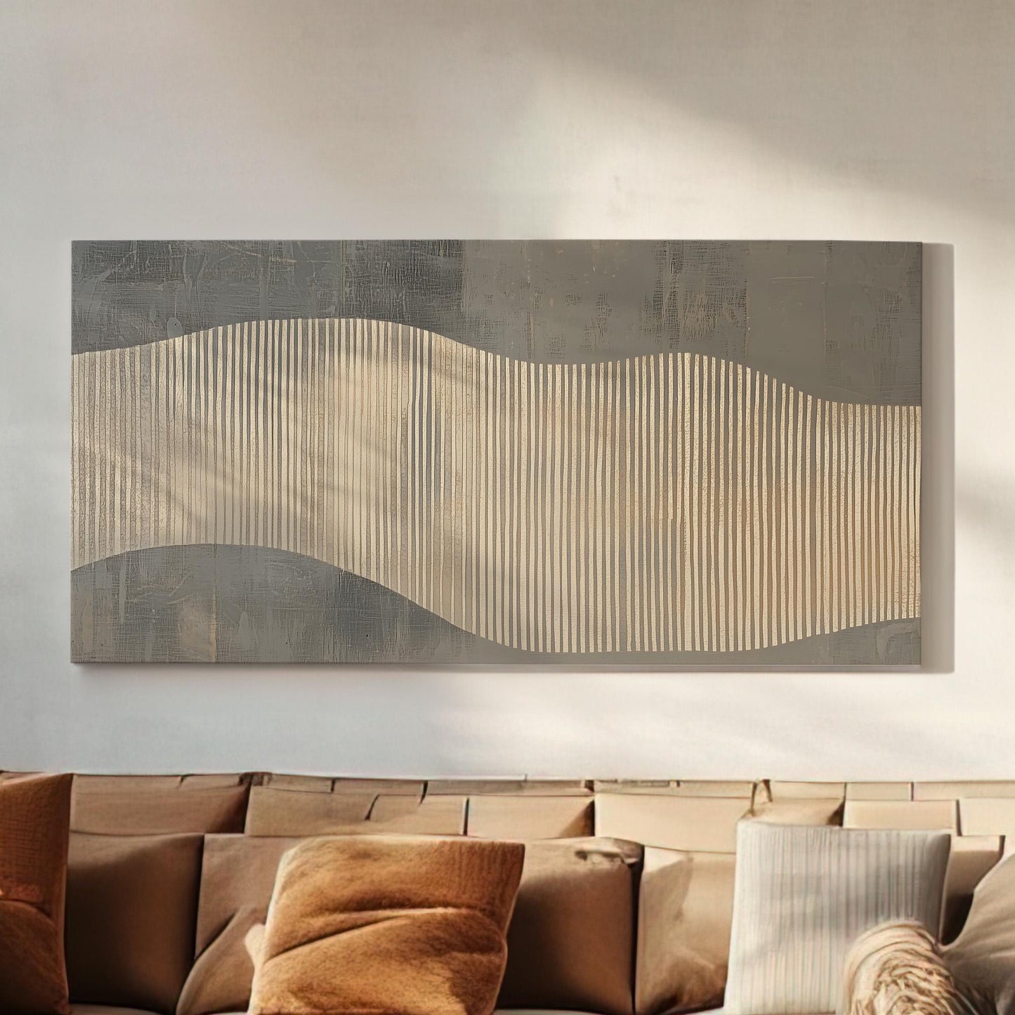 Neutral Rhythm Wall Art For Bedroom, Horizontal Hypnotic Waves Canvas Print, Abstract Lines Decor Canvas Art