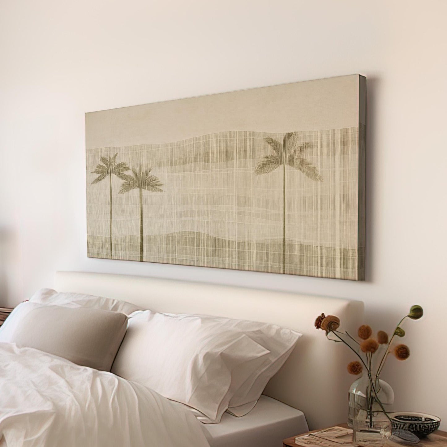 Neutral Palm Tree Wall Art For living Room, Horizontal Minimalist Coastal Canvas Print, Beige Tropical Decor Canvas Art