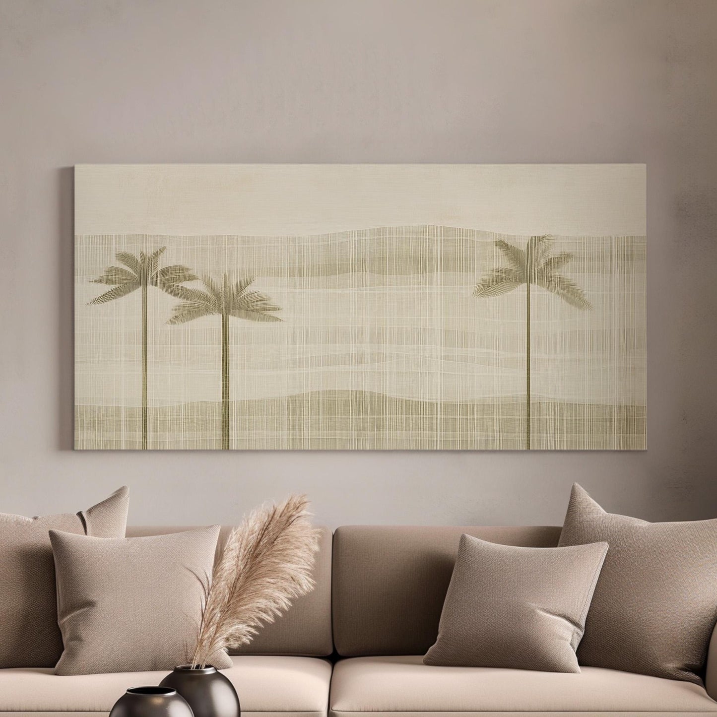 Neutral Palm Tree Wall Art For living Room, Horizontal Minimalist Coastal Canvas Print, Beige Tropical Decor Canvas Art