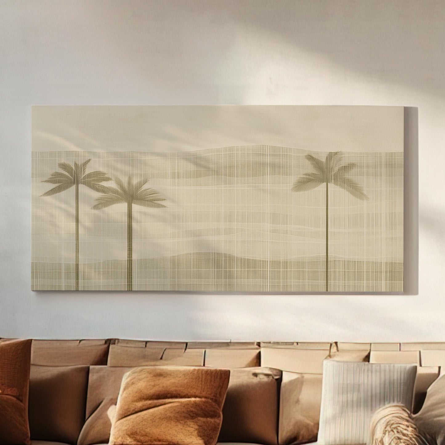 Neutral Palm Tree Wall Art For living Room, Horizontal Minimalist Coastal Canvas Print, Beige Tropical Decor Canvas Art