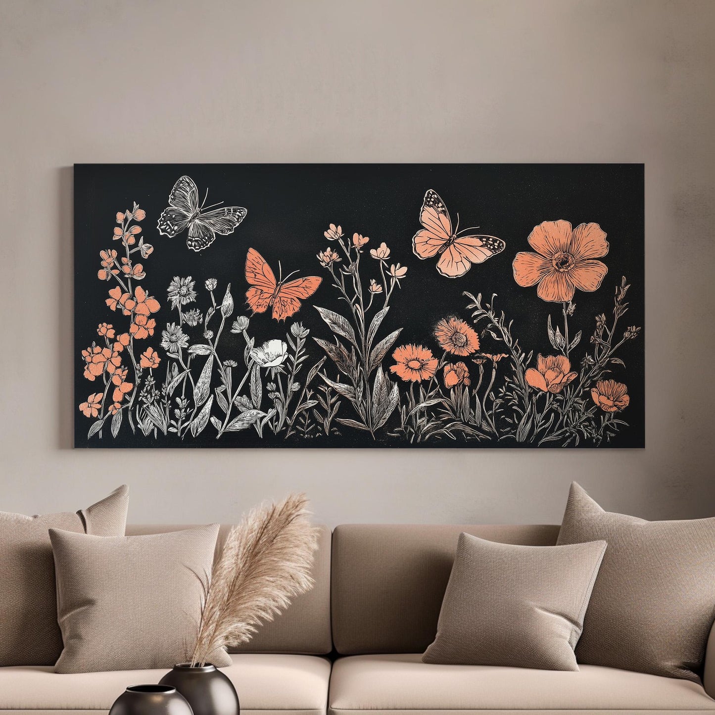 Linocut Flowers And Butterflies Wall Art Above Couch, Horizontal Minimal Drawing Canvas Print, Floral Decor Canvas Art