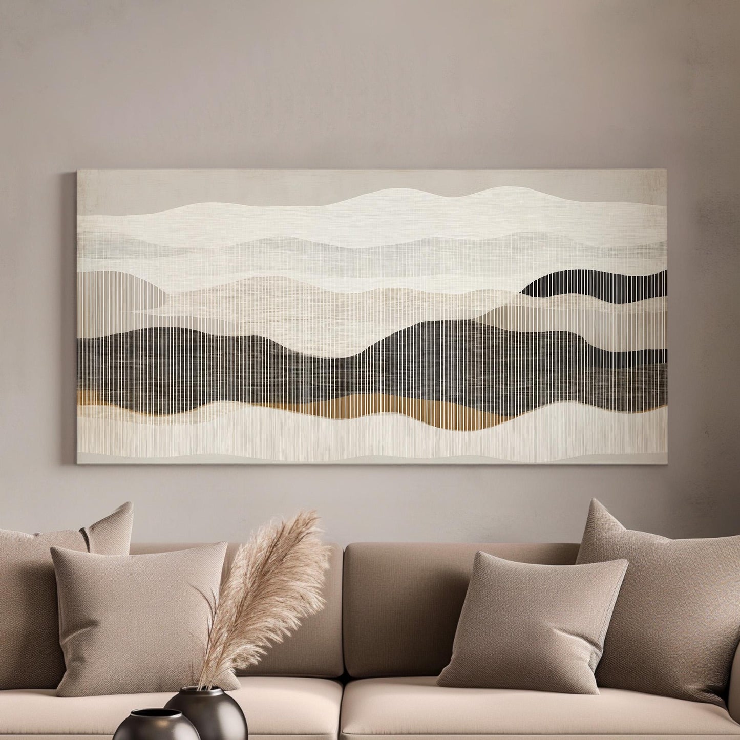 Layered Horizons Wall Art For Bedroom, Horizontal Beige Boho Canvas Print, Scandinavian Decor Canvas Art