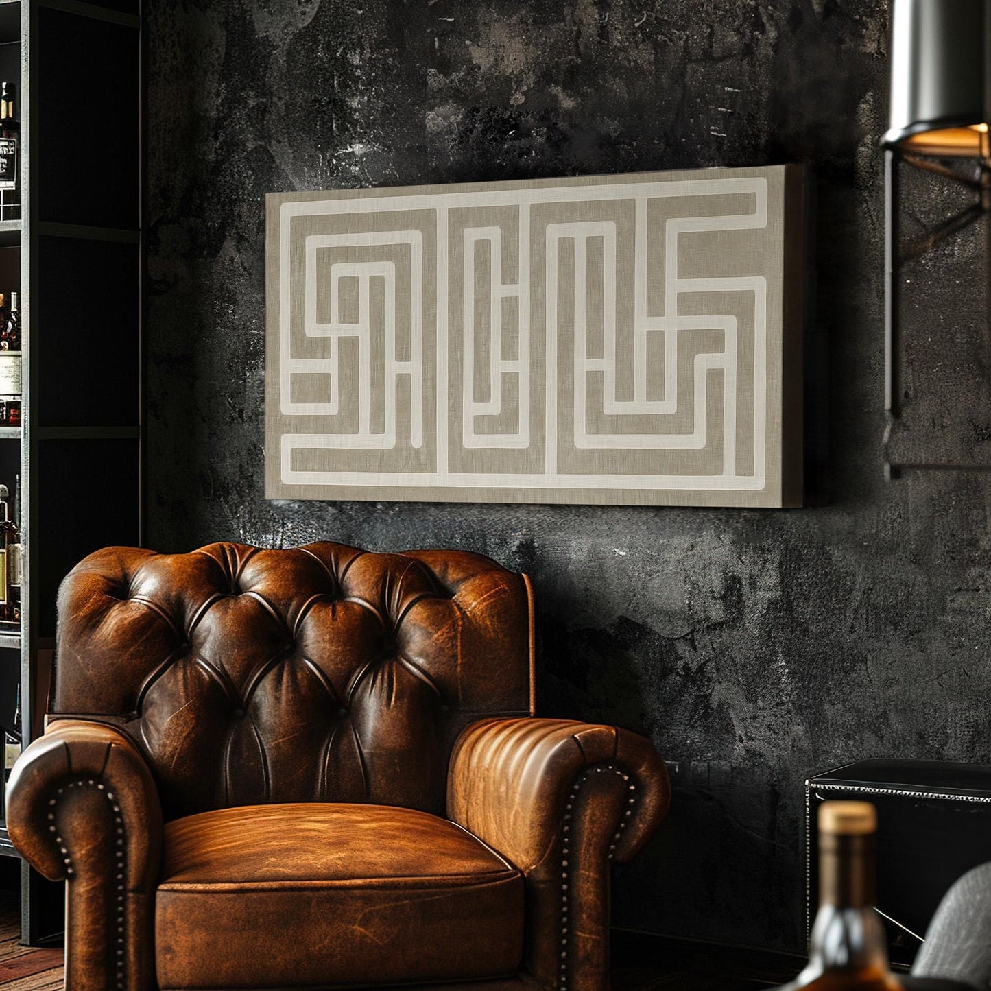 Grey Natural Maze Wall Art For Living Room, Horizontal Farmhouse Canvas Print, Line Art Decor Canvas Art