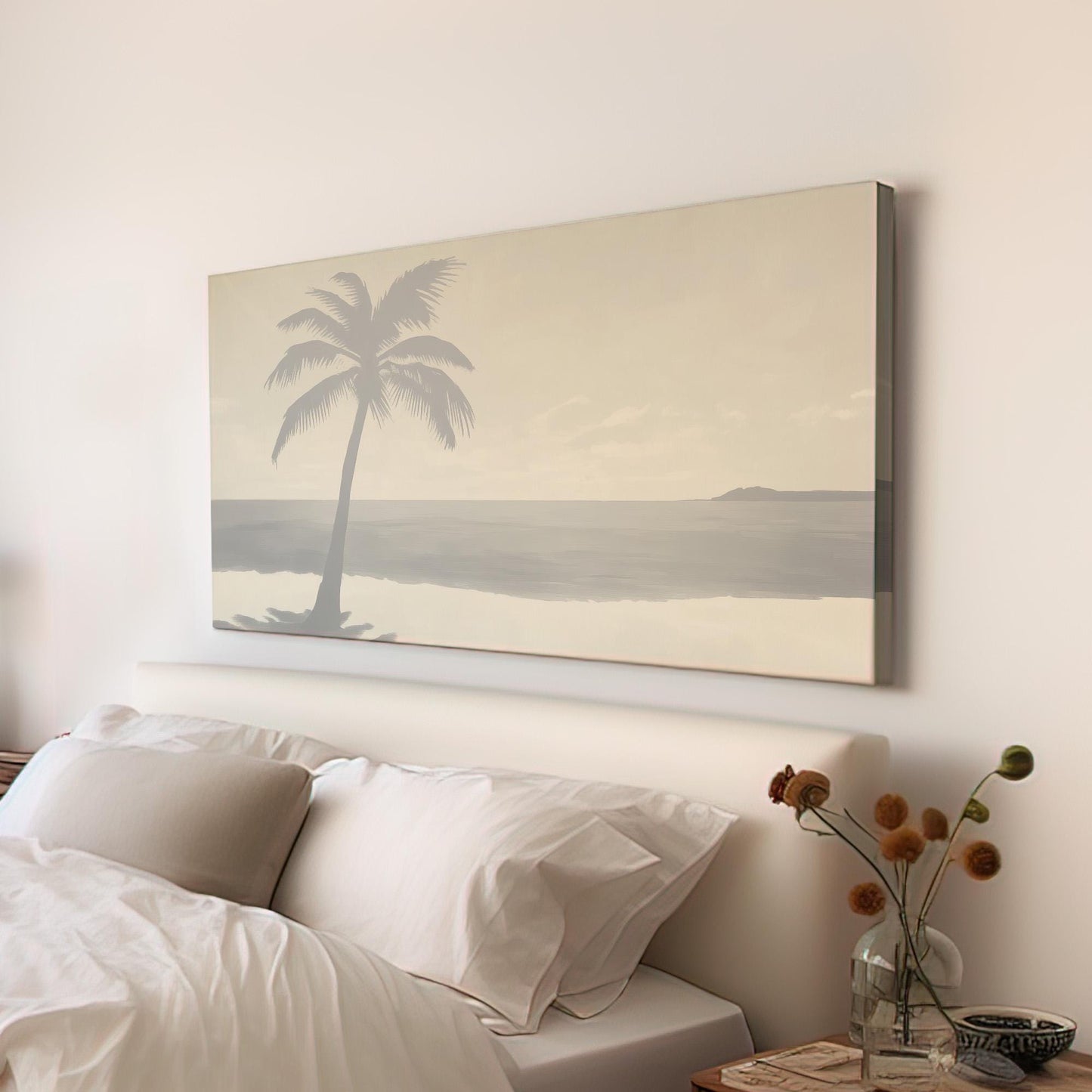 Grey Beach Landscape Wall Art For Living Room, Horizontal Palm Tree Canvas Print, Tropical Decor Canvas Art