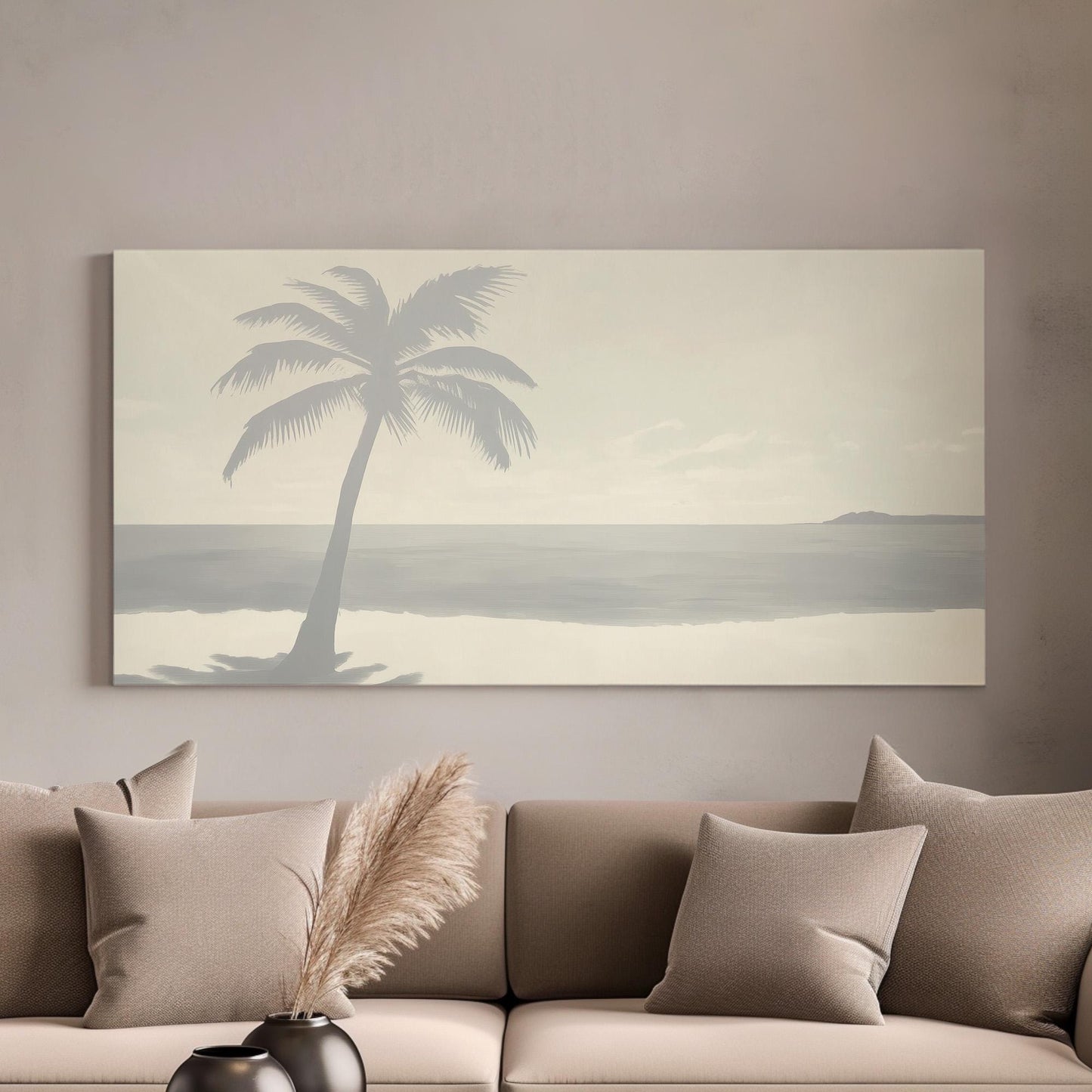 Grey Beach Landscape Wall Art For Living Room, Horizontal Palm Tree Canvas Print, Tropical Decor Canvas Art