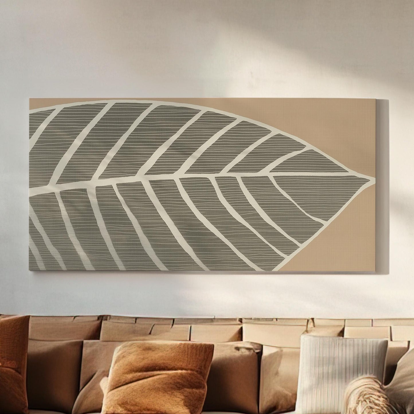 Cozy Leaf Wall Art For Living Room, Horizontal Boho Botanical Canvas Print, Nature Inspired Decor Canvas Art