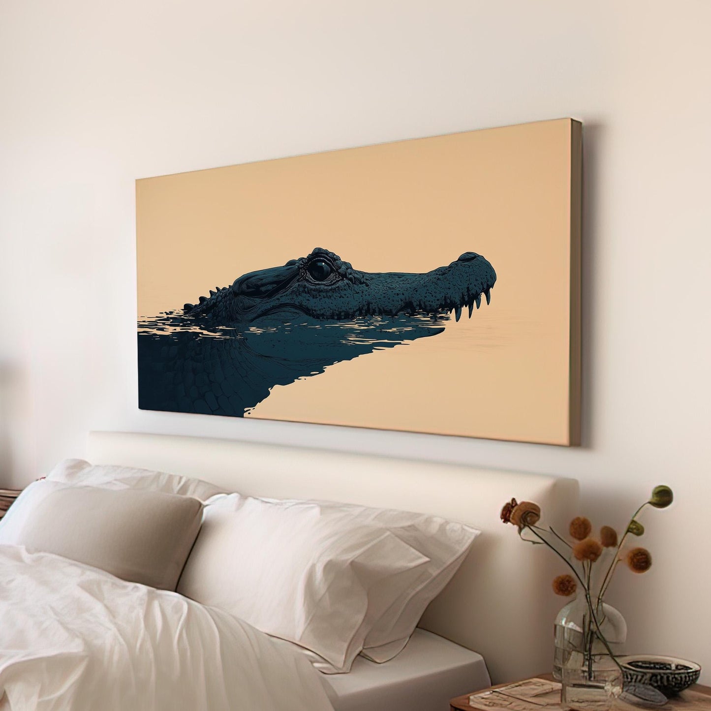 Alligator Illustration Wall Art For Bedroom, Horizontal Florida Art Canvas Print, Minimal Wildlife Decor Canvas Art
