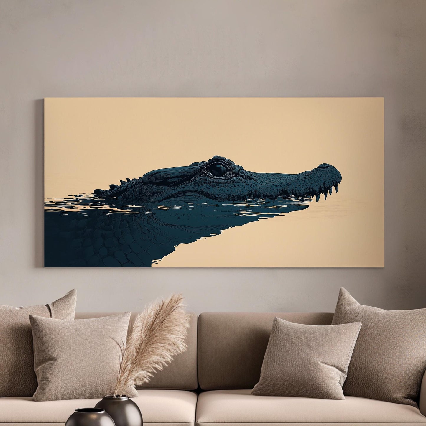 Alligator Illustration Wall Art For Bedroom, Horizontal Florida Art Canvas Print, Minimal Wildlife Decor Canvas Art
