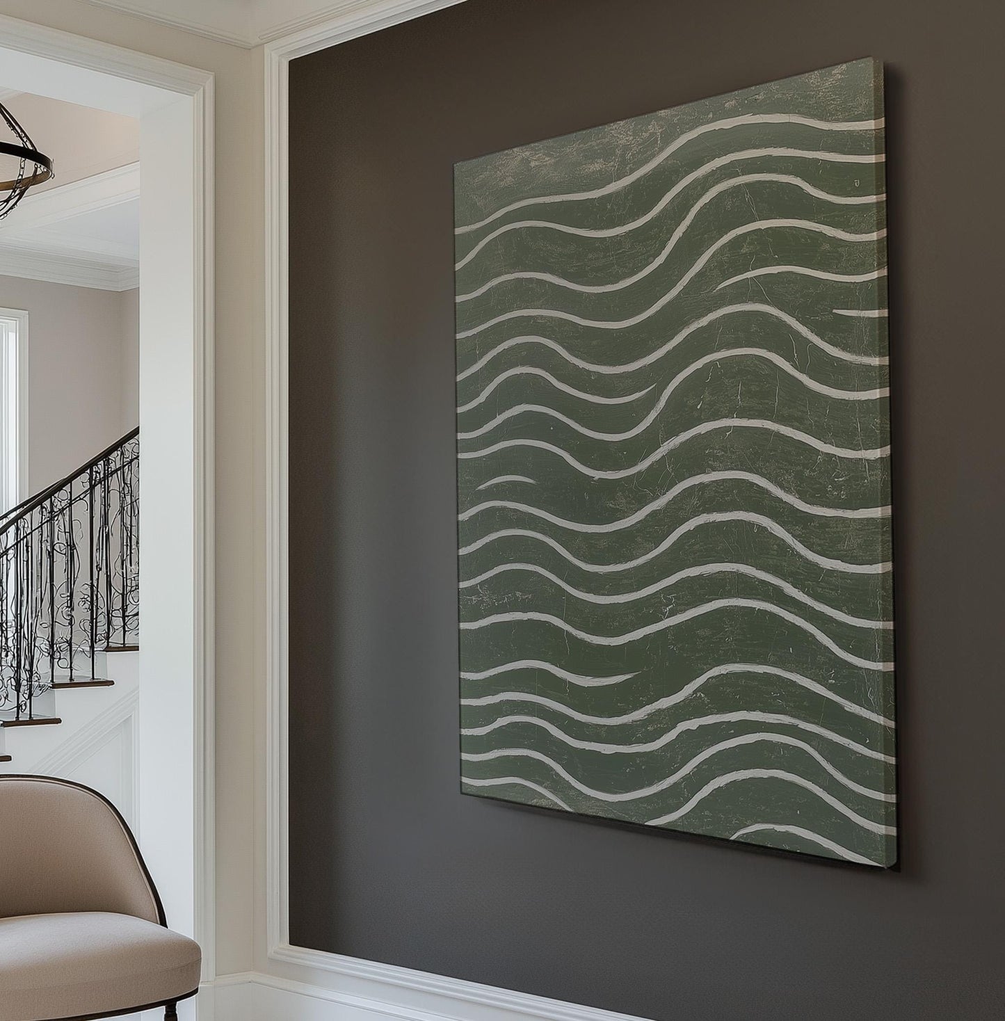 Sage Green Abstract Wall Art For Living Room, Vertical Nature Inspired Canvas Print, Japandi Waves Decor Canvas Art