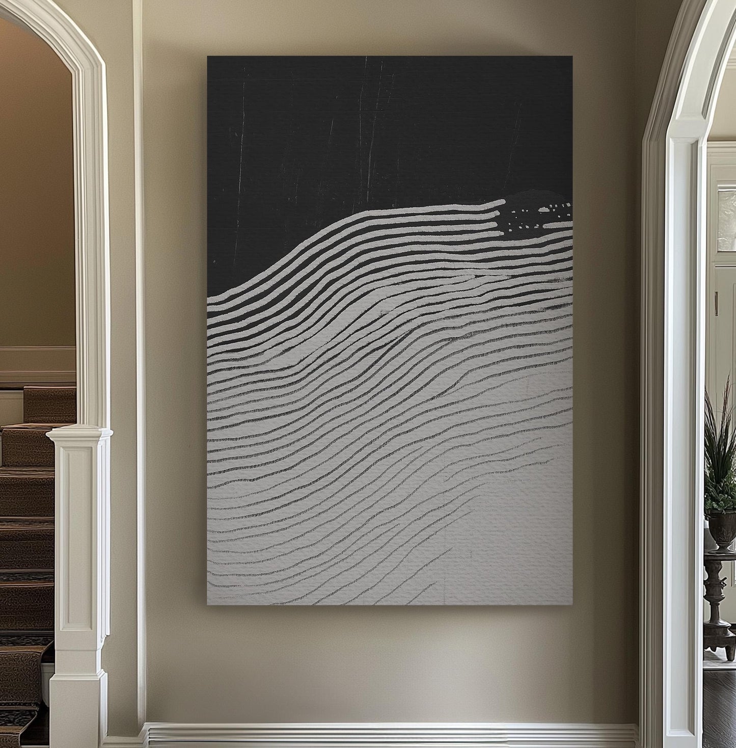 Monochrome Wave Wall Art For Living Room, Vertical Statement Piece Canvas Print, Bold Abstract Decor Canvas Art