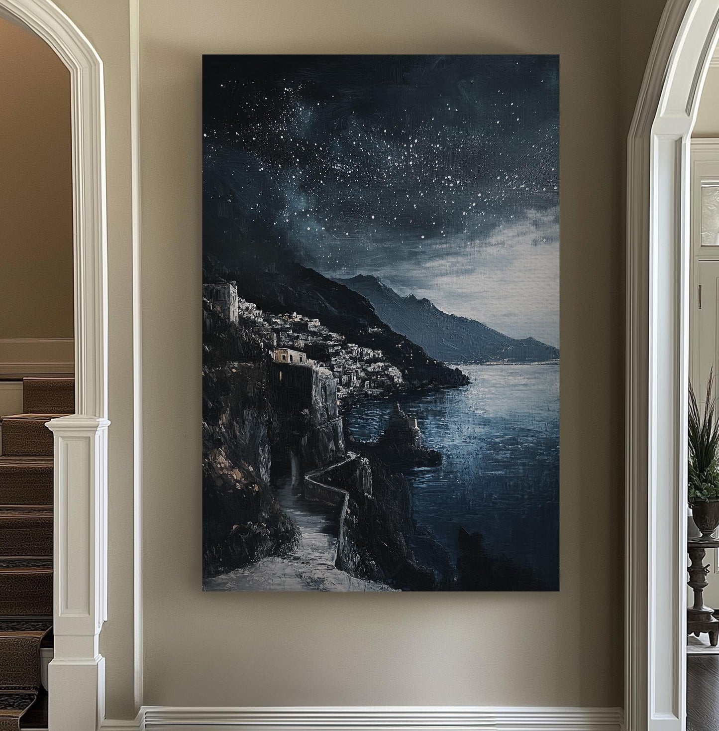 Amalfi Coast Starry Night Wall Art Above Bed, Vertical Clear Sky Canvas Print, Mediterranean Decor Canvas Art