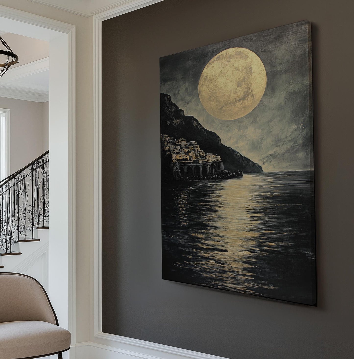 Amalfi Coast Huge Moon Wall Art For Living Room, Vertical Italian Canvas Print, Full Moon Decor Canvas Art
