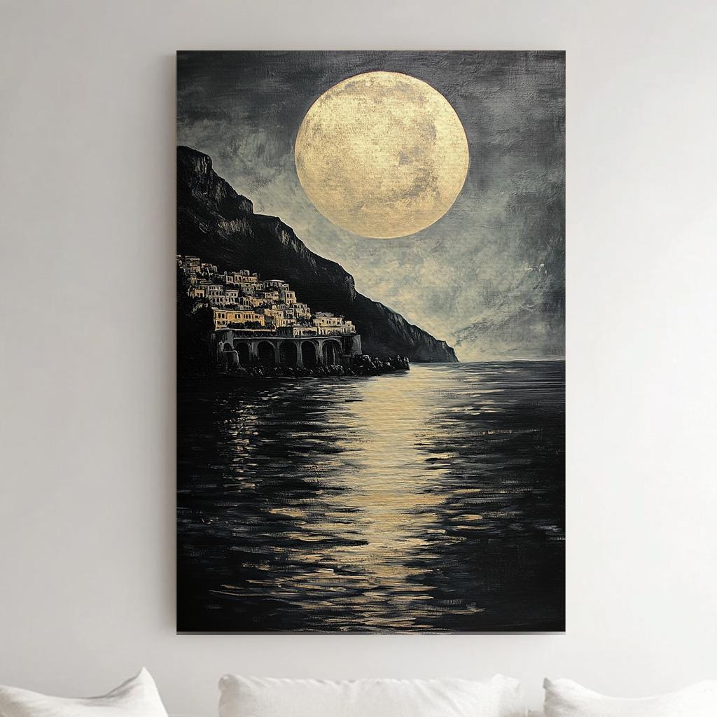 Amalfi Coast Huge Moon Wall Art For Living Room, Vertical Italian Canvas Print, Full Moon Decor Canvas Art