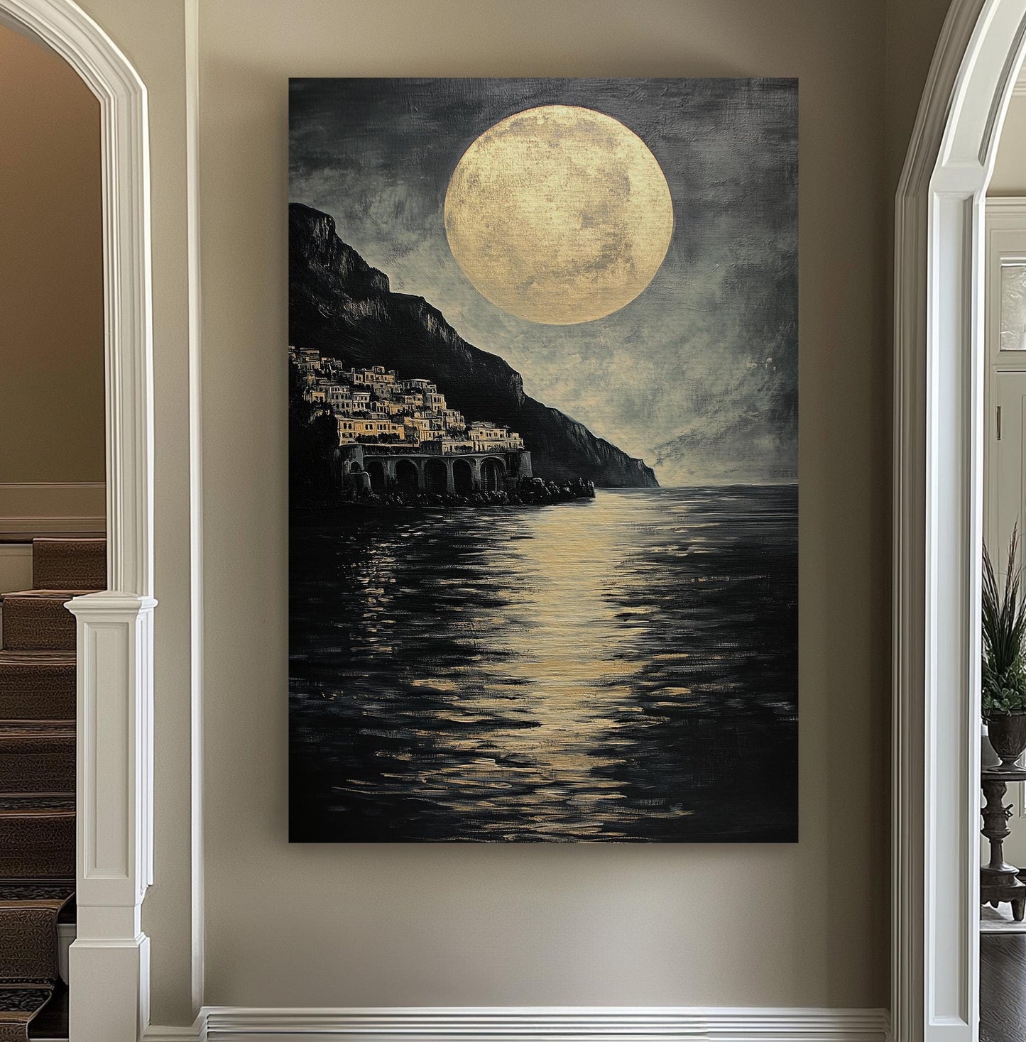 Amalfi Coast Huge Moon Wall Art For Living Room, Vertical Italian Canvas Print, Full Moon Decor Canvas Art