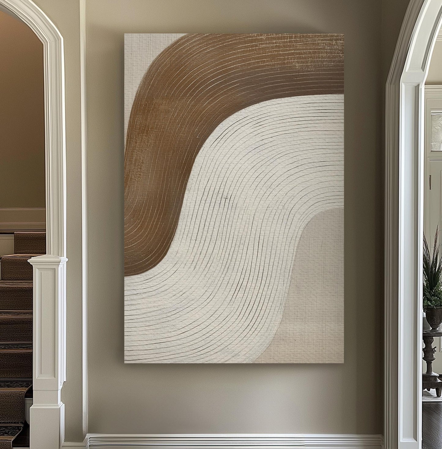 Abstract Swirl Wall Art For Kitchen, Vertical Brown and Cream Canvas Print, Wavy Neutral Decor Canvas Art