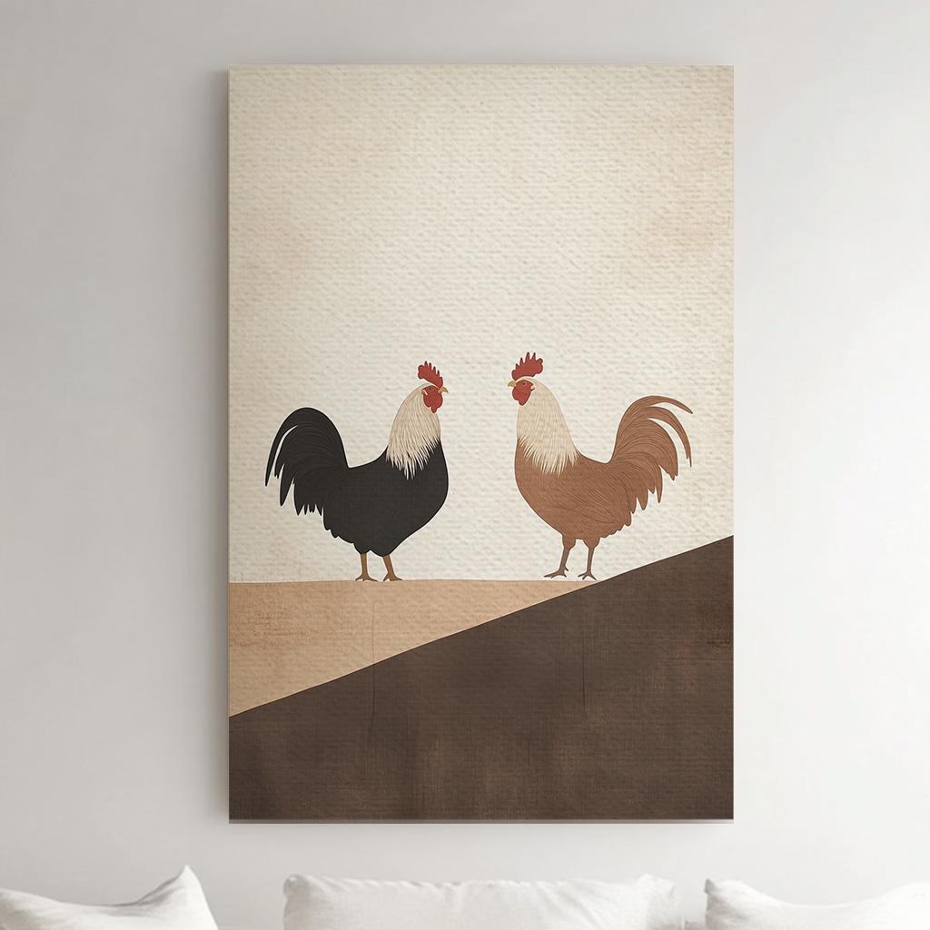 Abstract Roosters Wall Art Minimal Farmhouse, Vertical Homestead Canvas Print, Moody Colors Decor Canvas Art