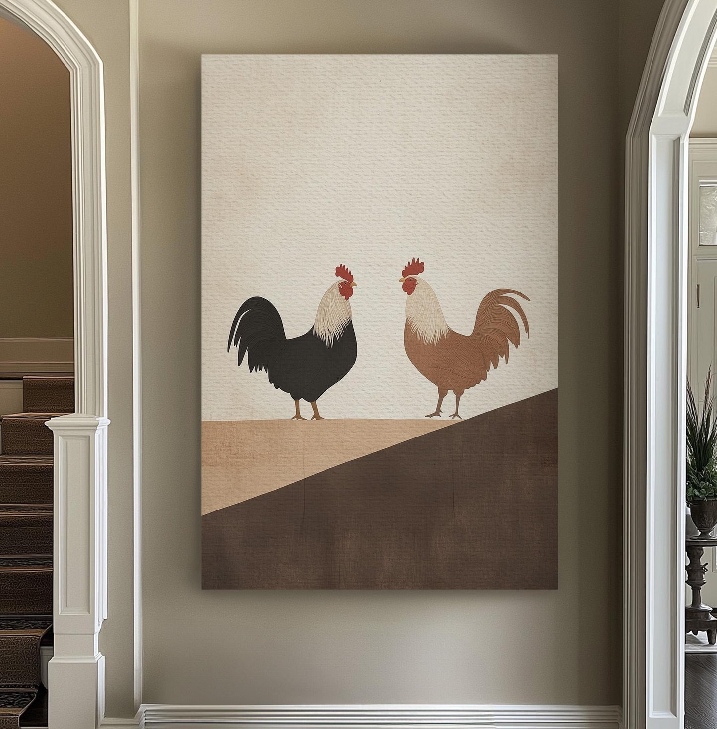 Abstract Roosters Wall Art Minimal Farmhouse, Vertical Homestead Canvas Print, Moody Colors Decor Canvas Art
