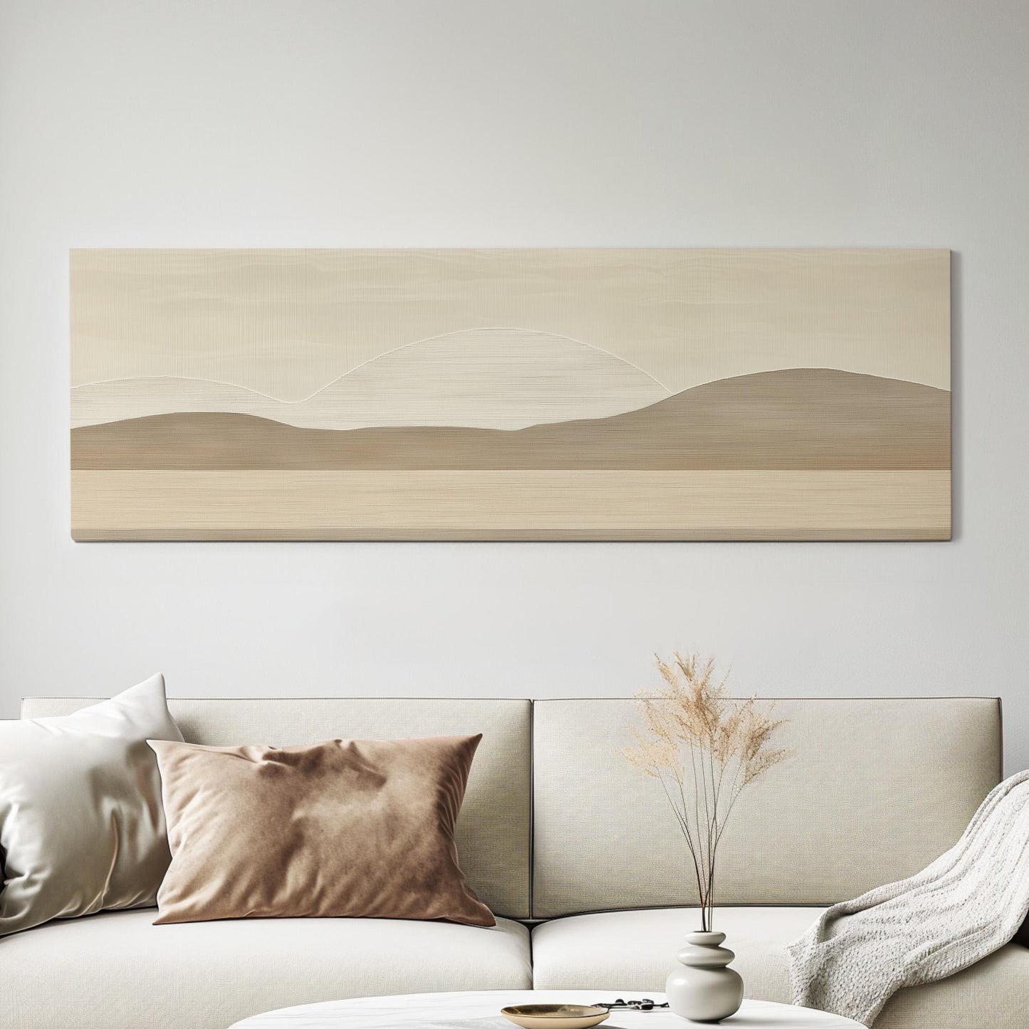 Tan and Cream Abstract Landscape Panoramic Art Above Bed, Canvas Warm Neutral Wall Art Print, Soft Earth Decor Canvas Art