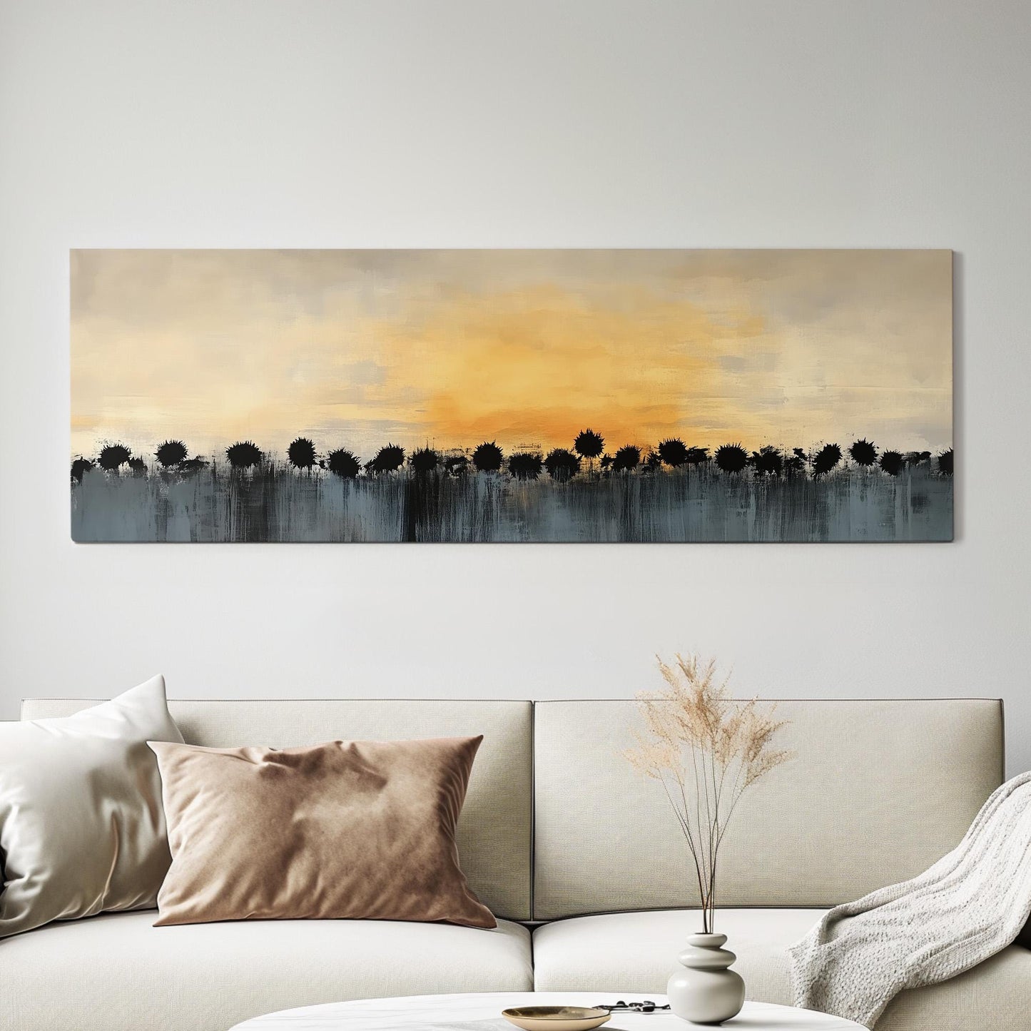 Sunset Above Sunflower Field Panoramic Art Above Bed, Canvas Warm Sun Wall Art Print, Minimal Abstract Decor Canvas Art
