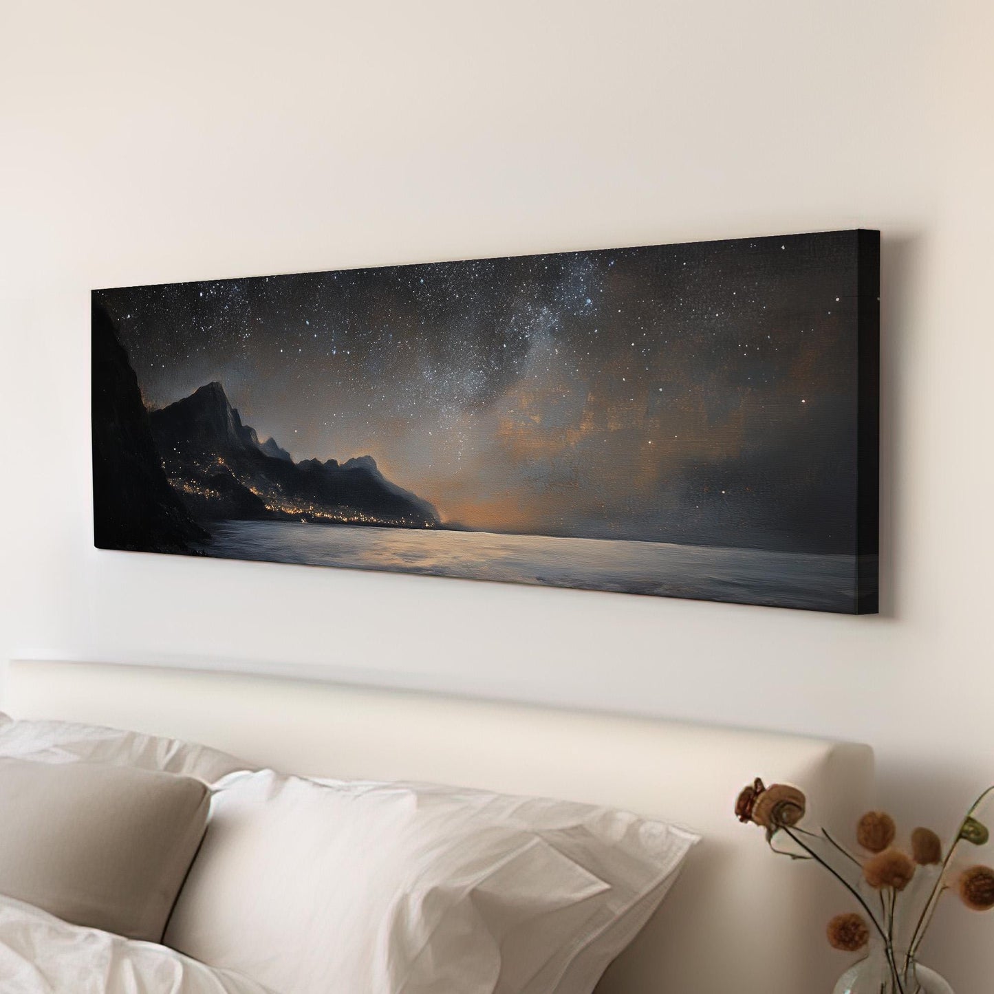 Starry Night Amalfi Coast Panoramic Art Above Bed, Canvas Clear Sky Wall Art Print, Coastal Decor Canvas Art