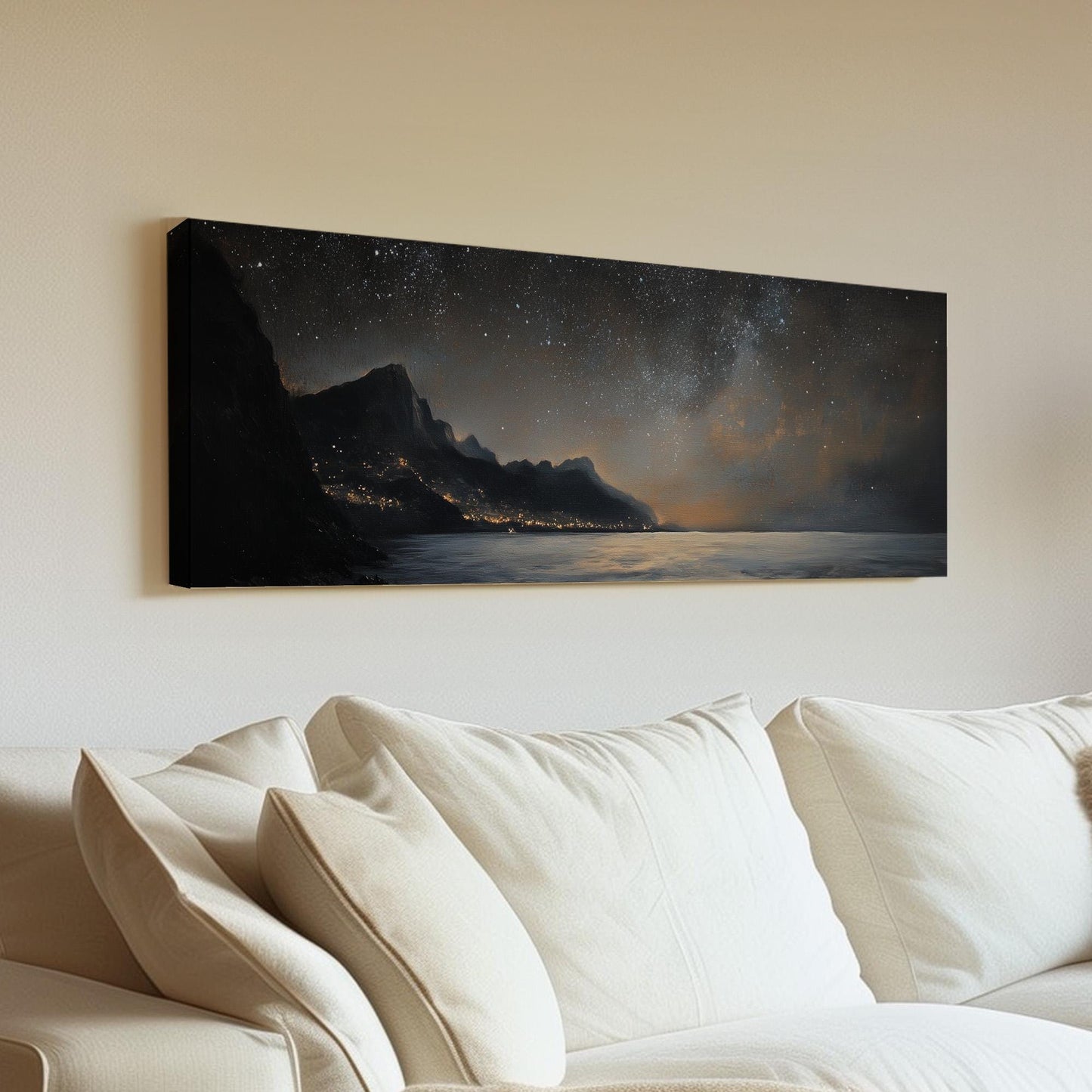 Starry Night Amalfi Coast Panoramic Art Above Bed, Canvas Clear Sky Wall Art Print, Coastal Decor Canvas Art