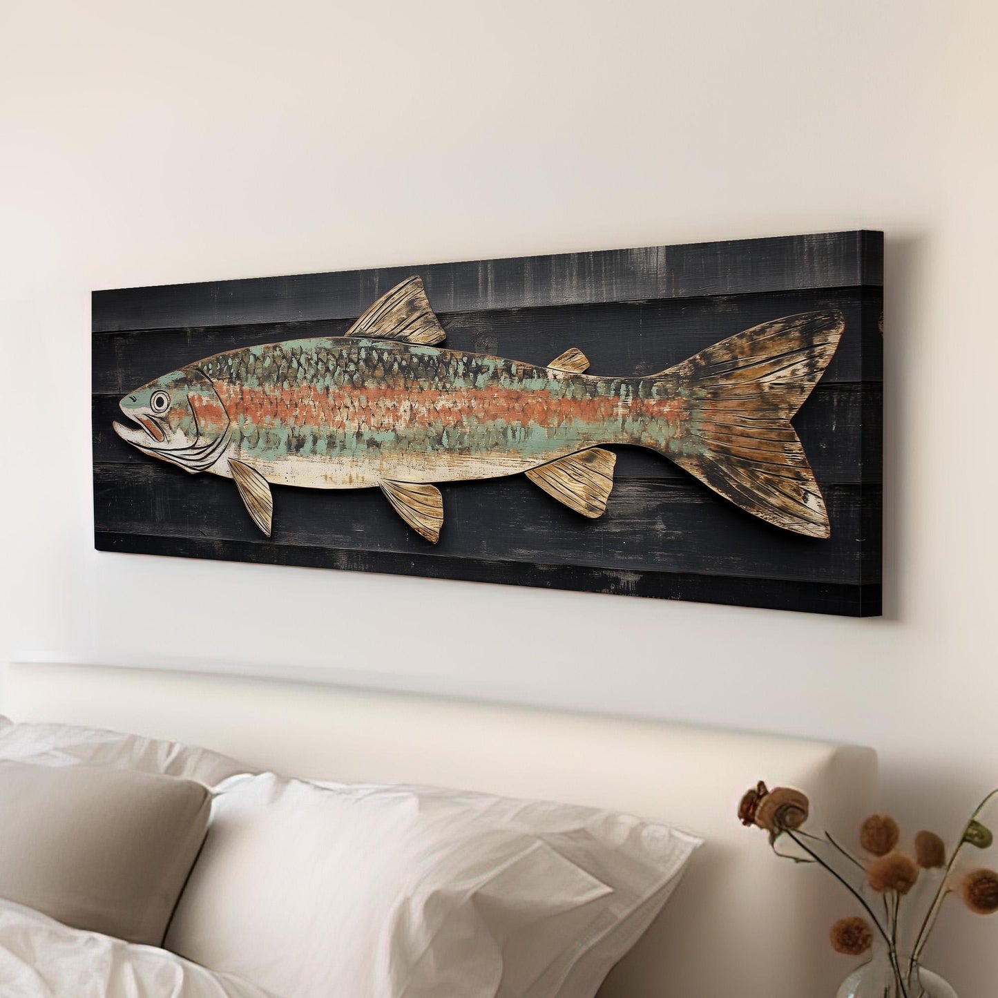 Rustic Trout Panoramic Art Above Bed, Canvas Fishing Shack Wall Art Print, Lake House Decor Canvas Art